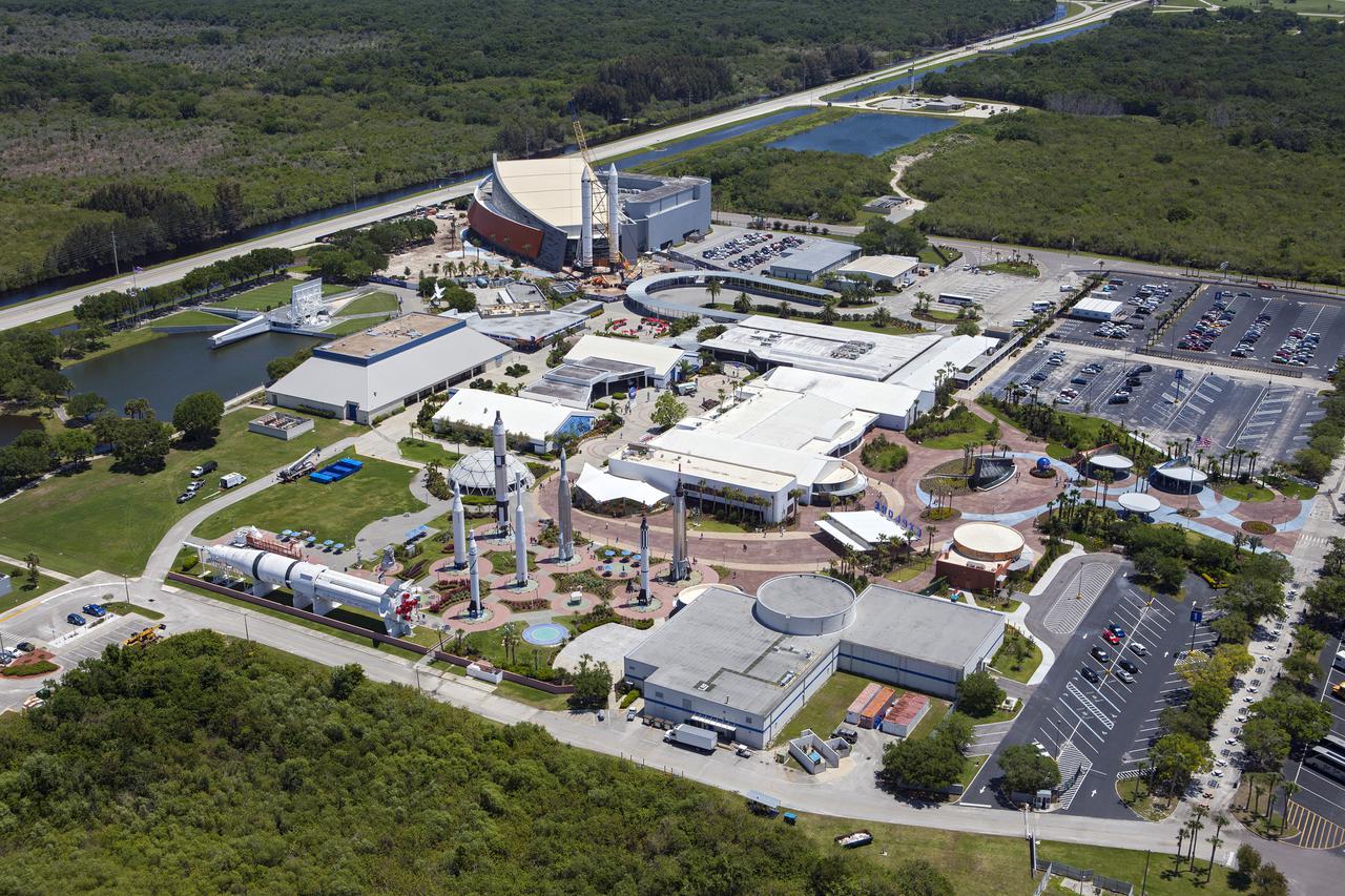 CAPE CANAVERAL, Fla. – An aerial view of the solid rocket booster replicas at the Kennedy Space Center Visitor Complex where the Space Shuttle Atlantis exhibit and attraction is under construction. Photo credit: NASA_Kim Shiflett