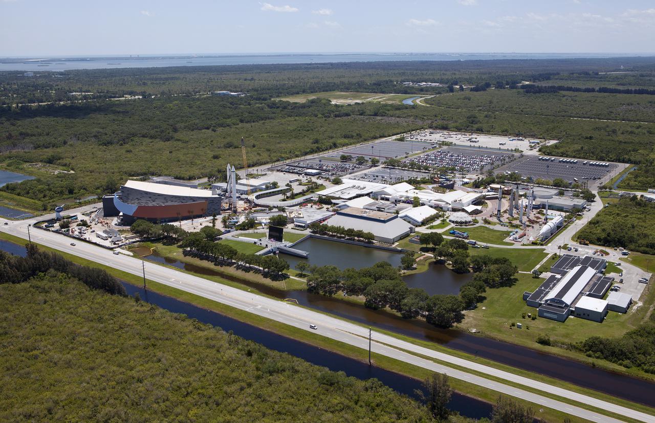 CAPE CANAVERAL, Fla. – An aerial view of the solid rocket booster replicas at the Kennedy Space Center Visitor Complex where the Space Shuttle Atlantis exhibit and attraction is under construction. Photo credit: NASA_Kim Shiflett