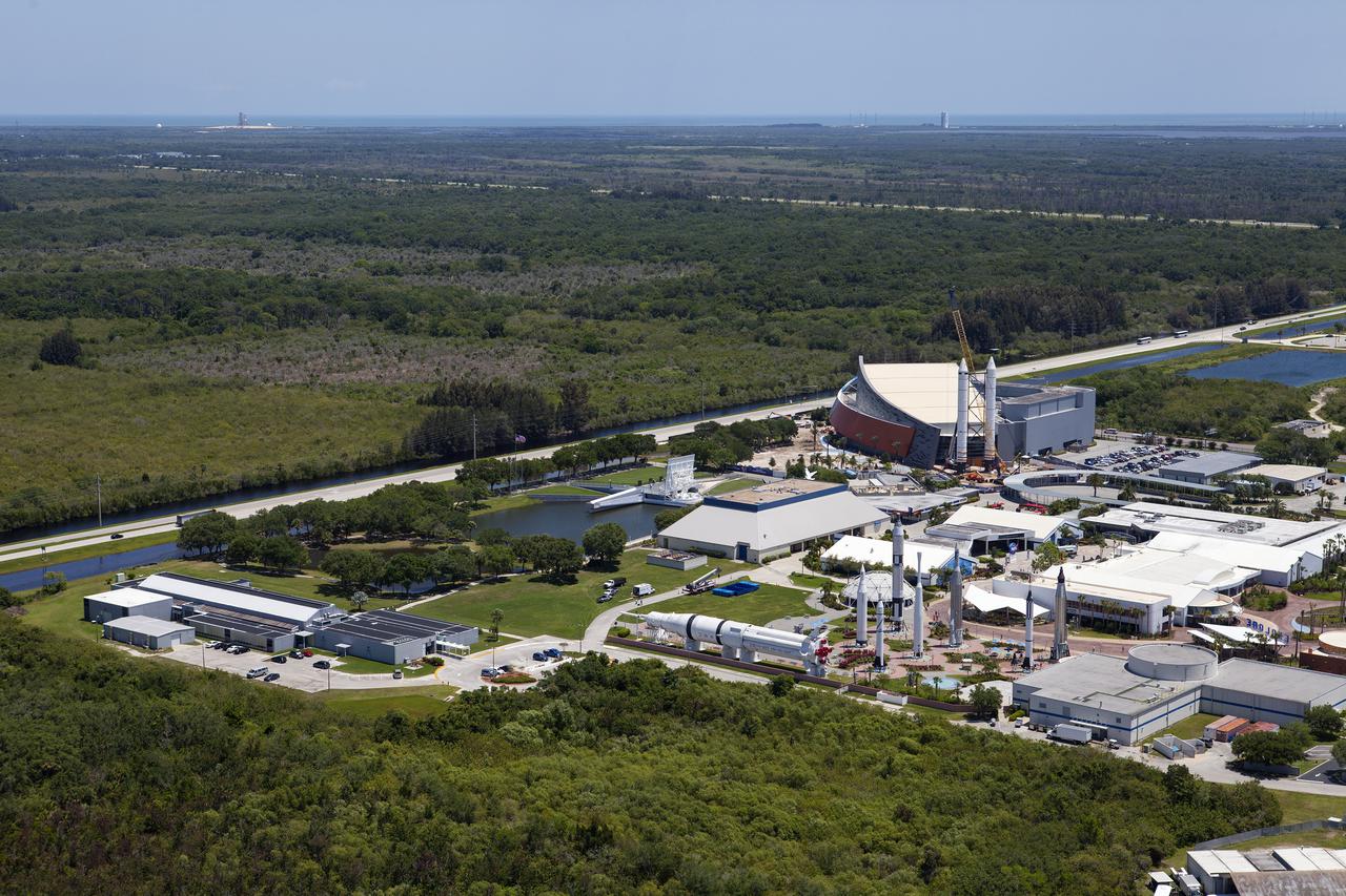 CAPE CANAVERAL, Fla. – An aerial view of the solid rocket booster replicas at the Kennedy Space Center Visitor Complex where the Space Shuttle Atlantis exhibit and attraction is under construction. Photo credit: NASA_Kim Shiflett