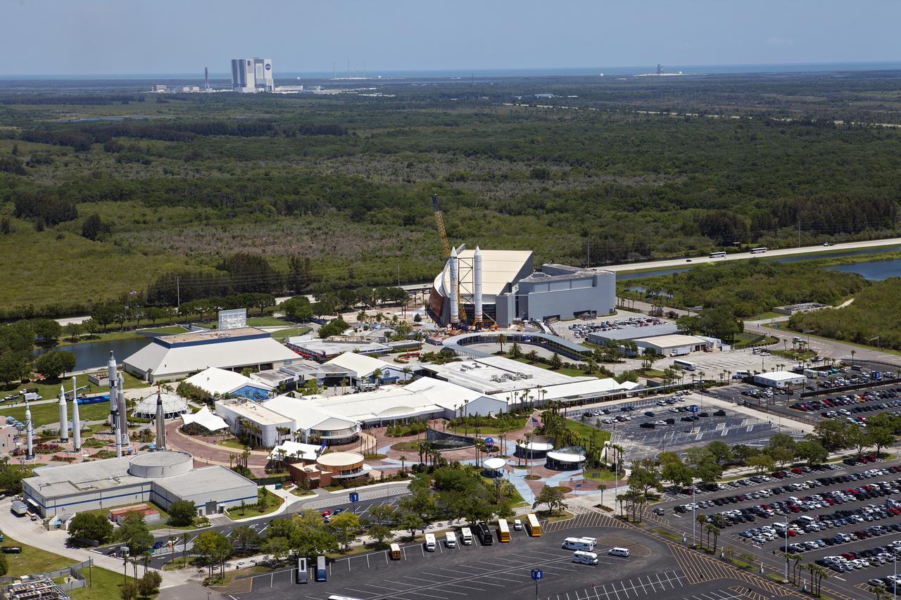 CAPE CANAVERAL, Fla. – An aerial view of the solid rocket booster replicas at the Kennedy Space Center Visitor Complex where the Space Shuttle Atlantis exhibit and attraction is under construction. Photo credit: NASA_Kim Shiflett