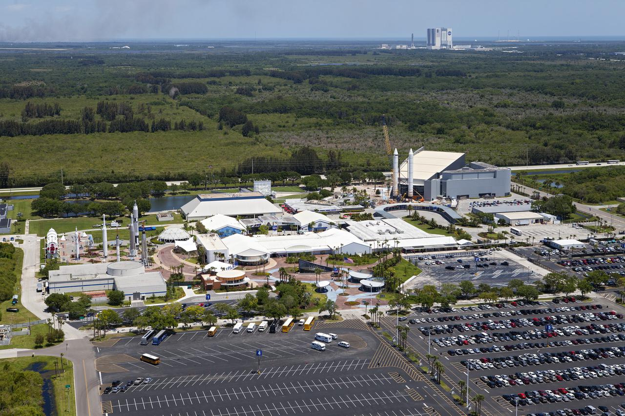 CAPE CANAVERAL, Fla. – An aerial view of the solid rocket booster replicas at the Kennedy Space Center Visitor Complex where the Space Shuttle Atlantis exhibit and attraction is under construction. Photo credit: NASA_Kim Shiflett