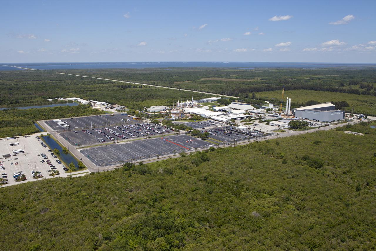 CAPE CANAVERAL, Fla. – An aerial view of the solid rocket booster replicas at the Kennedy Space Center Visitor Complex where the Space Shuttle Atlantis exhibit and attraction is under construction. Photo credit: NASA_Kim Shiflett