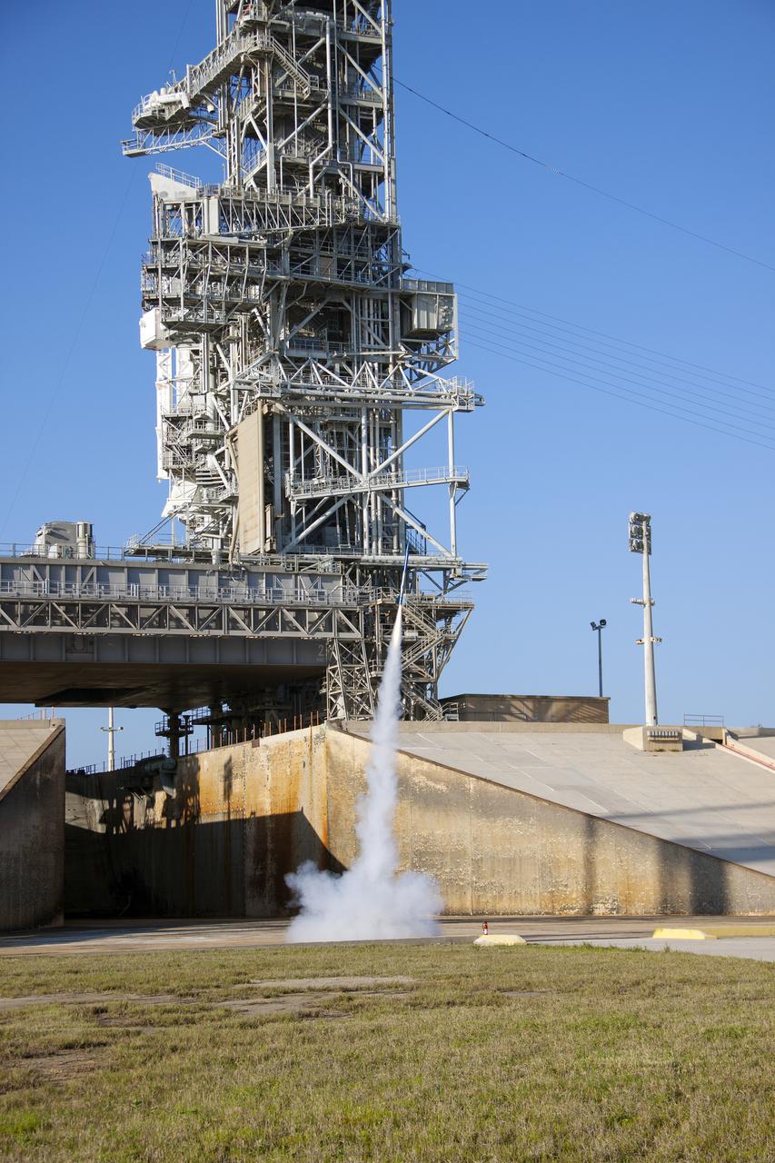 CAPE CANAVERAL, Fla. -- At NASA's Kennedy Space Center in Florida, a small rocket lifts off as part of Rocket University. The goal was to test its systems and to verify that it performed as designed. As part of Rocket University, the engineers are given an opportunity to work a fast-track project to develop skills in developing spacecraft systems of the future. As NASA plans for future spaceflight programs to low-Earth orbit and beyond, teams of engineers at Kennedy are gaining experience in designing and flying launch vehicle systems on a small scale. Four teams of five to eight members from Kennedy are designing rockets complete with avionics and recovery systems. Launch operations require coordination with federal agencies, just as they would with rockets launched in support of a NASA mission. Photo credit: NASA_Jim Grossmann