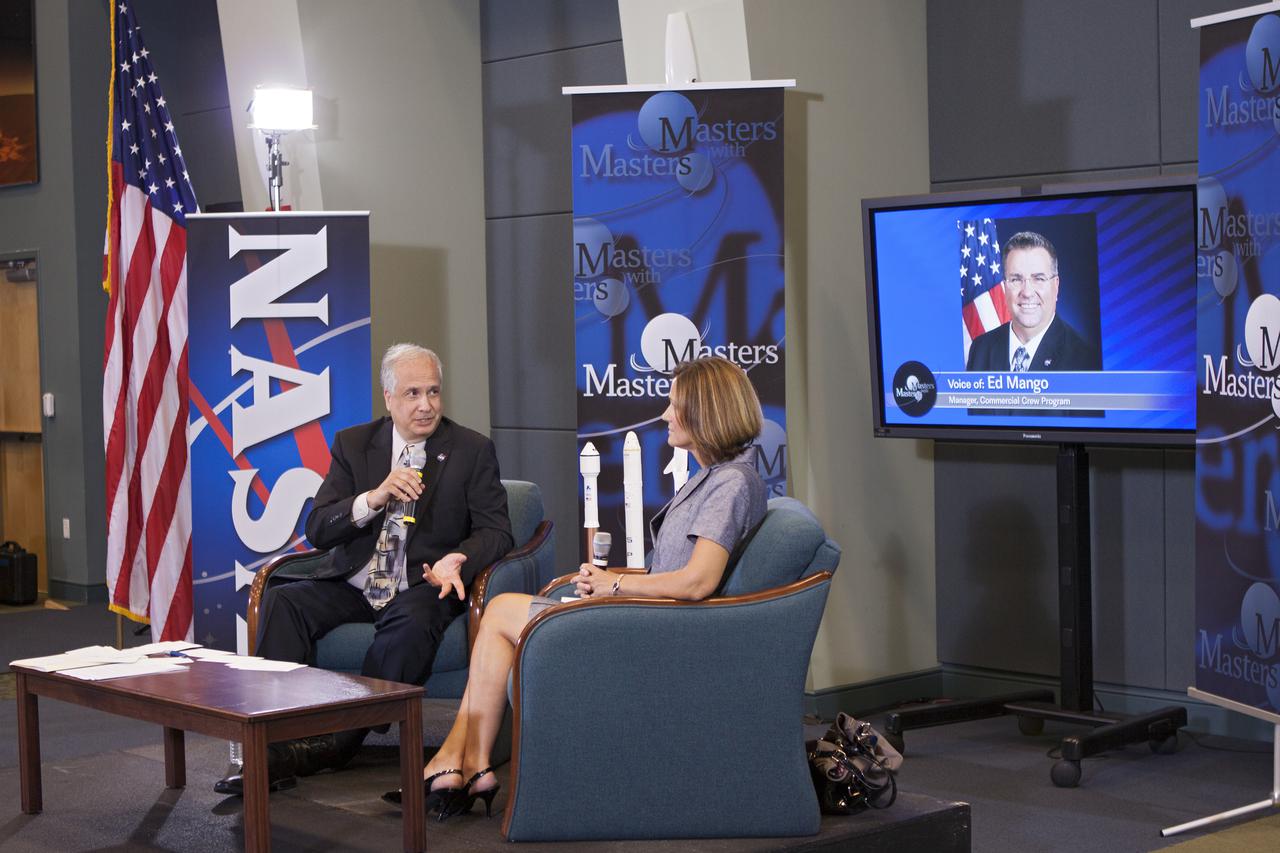 CAPE CANAVERAL, Fla. – Ed Hoffman and Lisa Colloredo discuss NASA's Commercial Crew Program during the first of a weeklong series called 'Masters with Masters' at the agency's Kennedy Space Center in Florida. Hoffman, NASA's chief Knowledge officer, and Colloredo, associate program manager at Kennedy, were joined by phone by Ed Mango, program manager for CCP. Photo credit: NASA_Jim Grossmann