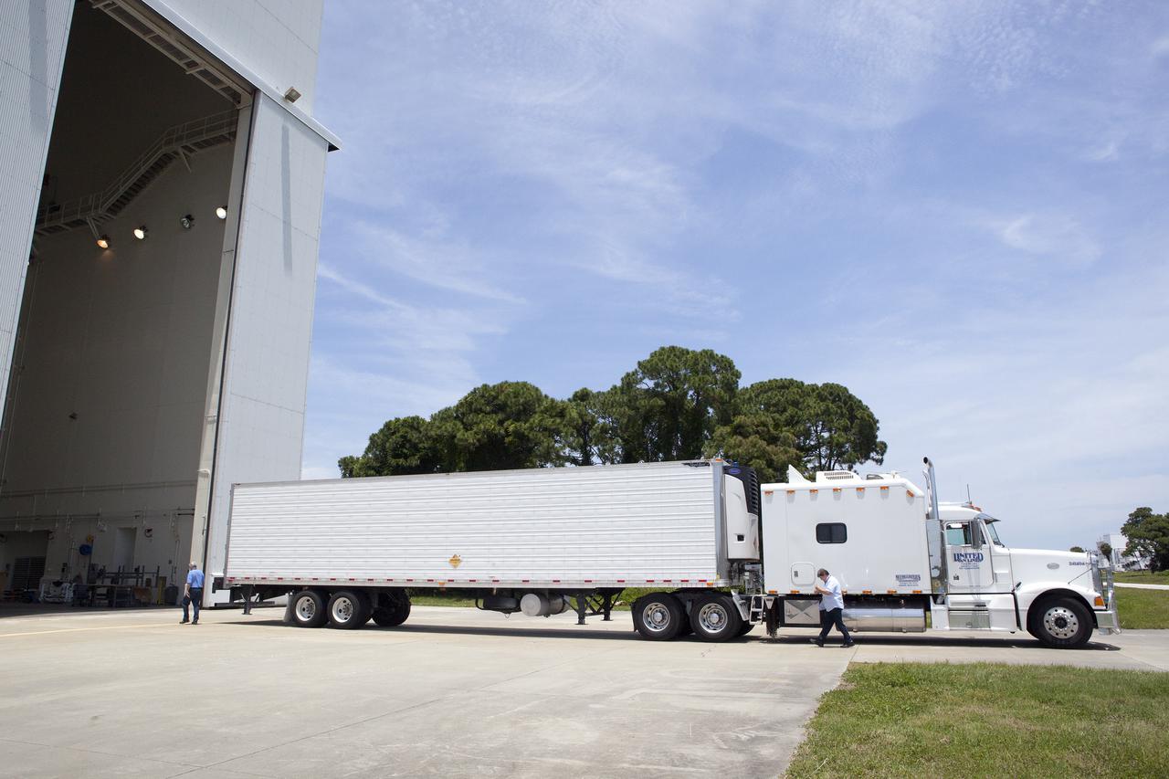 CAPE CANAVERAL, Fla. – At NASA’s Kennedy Space Center in Florida, a truck arrives at the Launch Abort System Facility with the jettison motor from Aerojet in Redmond, Wash. The motor is part of the Launch Abort System, or LAS, for Exploration Flight Test 1, or EFT-1, of the agency’s Orion Multi-Purpose Crew Vehicle. The motor will jettison the LAS away from the Orion crew capsule during the flight test’s early ascent phase. Orion’s Launch Abort System is designed to safely pull the Orion crew module away from the launch vehicle in the event of an emergency on the launch pad or during the initial ascent of NASA’s Space Launch System, or SLS, rocket.  Orion is the exploration spacecraft designed to carry crews to space beyond low Earth orbit. It will provide emergency abort capability, sustain the crew during the space travel and provide safe re-entry from deep space return velocities. Orion’s first unpiloted test flight is scheduled to launch in 2014 atop a Delta IV rocket. A second uncrewed flight test is scheduled for 2017 on the SLS rocket. For more information, visit http:__www.nasa.gov_orion. Photo credit: NASA_Dimitri Gerondidakis