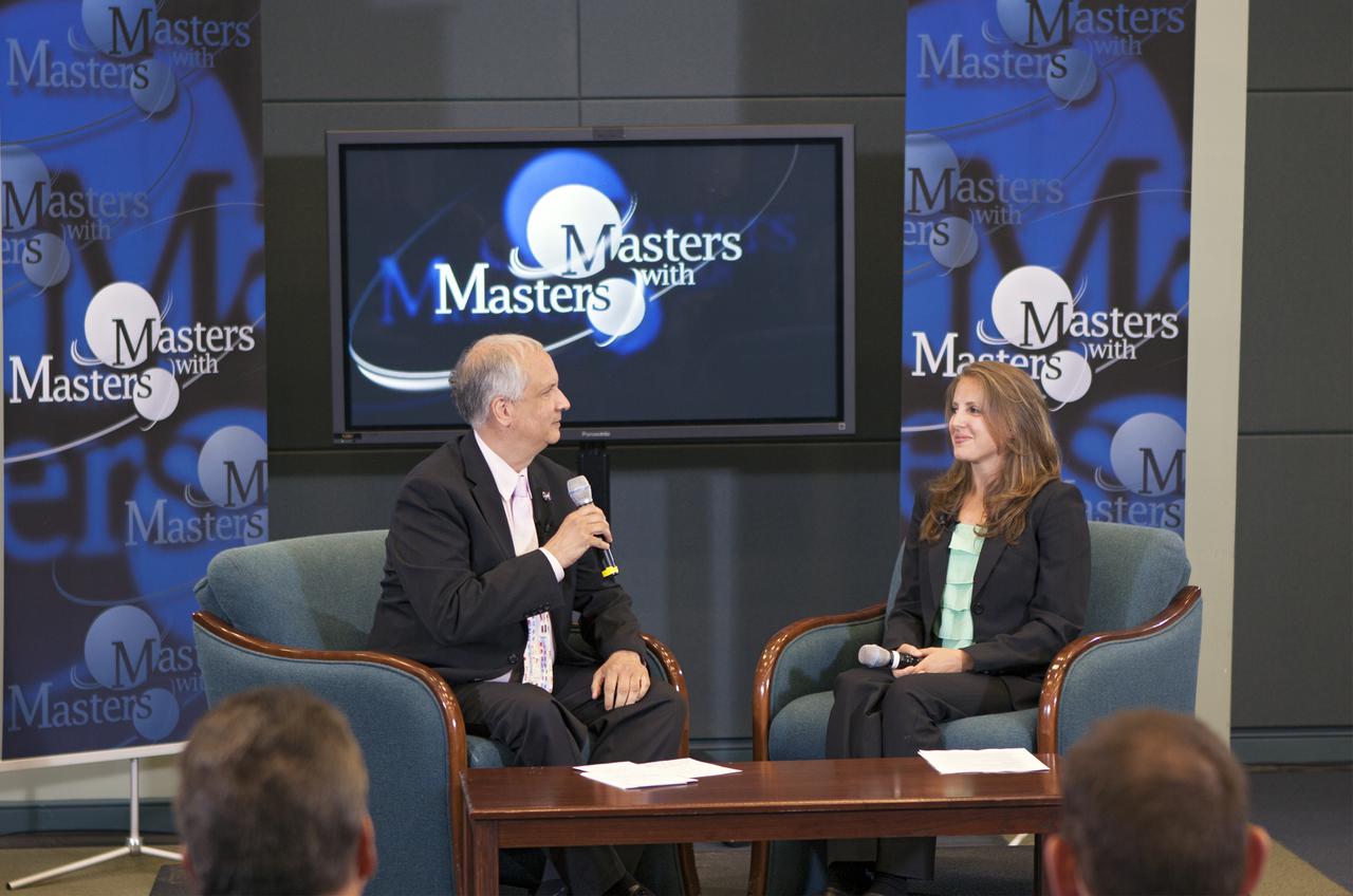 CAPE CANAVERAL, Fla. – At NASA's Kennedy Space Center in Florida, Ed Hoffman and Annie Caraccio discuss the 'Young Professional's Perspective at NASA' during the final day of a weeklong series called 'Masters with Masters.' Hoffman is NASA's chief Knowledge officer and Caraccio is a chemical engineer in the agency's Engineering and Technology Directorate at Kennedy. Photo credit: NASA_Jim Grossmann