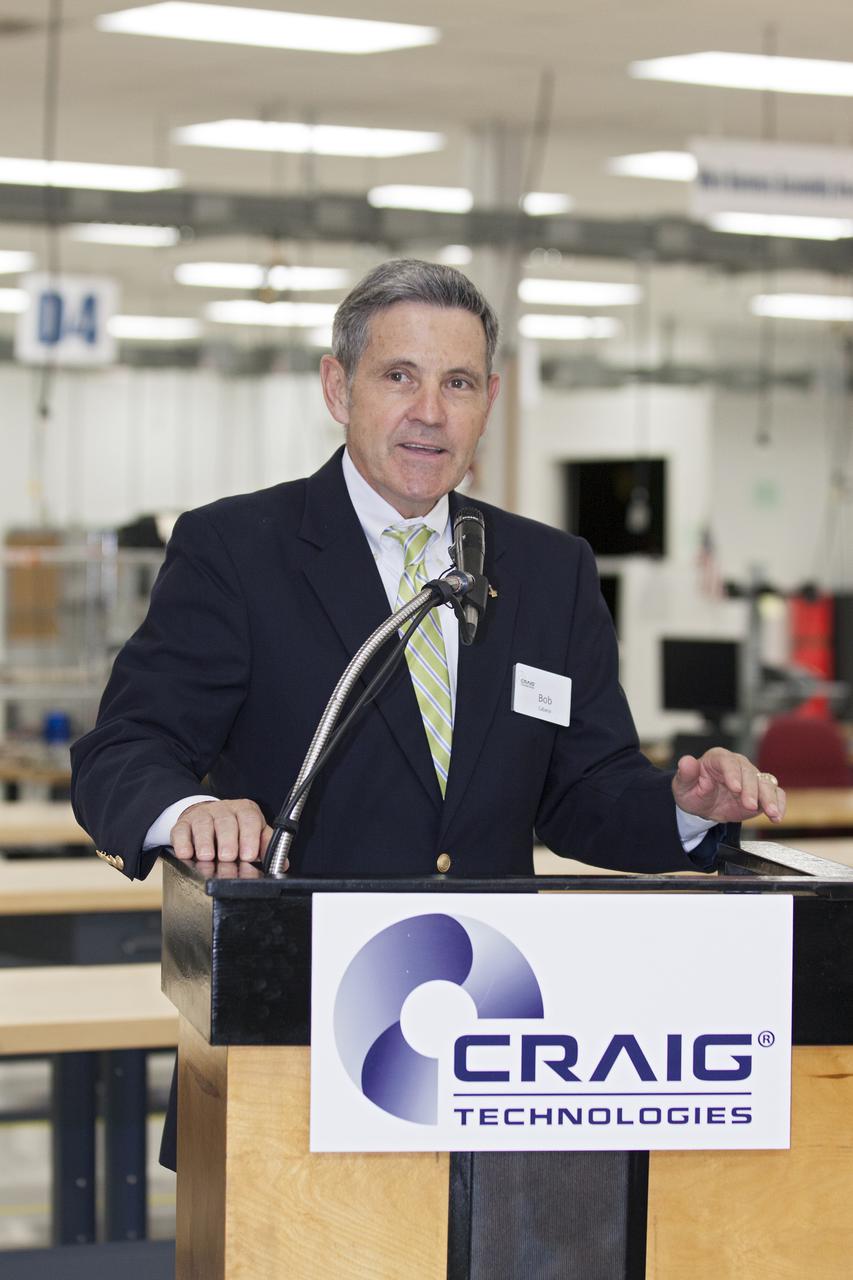 CAPE CANAVERAL, Fla. – At the Aerospace and Defense Manufacturing Center in Cape Canaveral, Fla., Kennedy Space Center Director Bob Cabana speaks to guests during a community open house at the 161,000-square-foot facility now operated by Craig Technologies.   In June of last year, NASA signed a partnership agreement with Craig Technologies to maintain an inventory of unique processing and manufacturing equipment for future mission support at the agency's Kennedy Space Center. The Cape Canaveral, Fla., facility, formerly known as the NASA Shuttle Logistics Depot NSLD, is now the Aerospace and Defense Manufacturing Center ADMC. Photo credit: NASA_Kim Shiflett