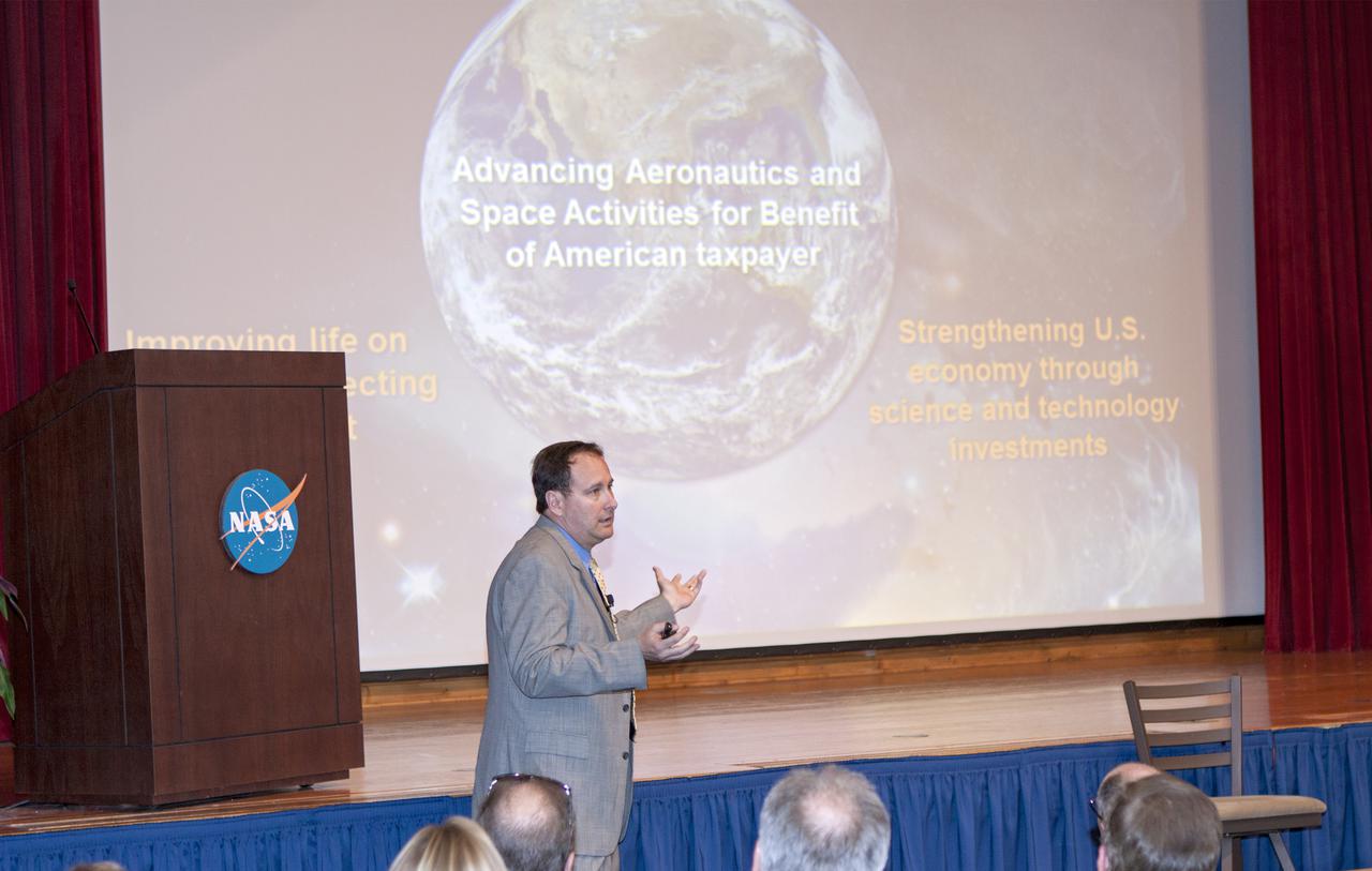 CAPE CANAVERAL, Fla. – NASA Associate Administrator Robert Lightfoot discusses current and future initiatives for the agency and Kennedy Space Center, including an astronaut mission to study an asteroid, during an all-hands meeting with employees  in Kennedy's Training Auditorium.  Photo credit: NASA_Jim Grossmann