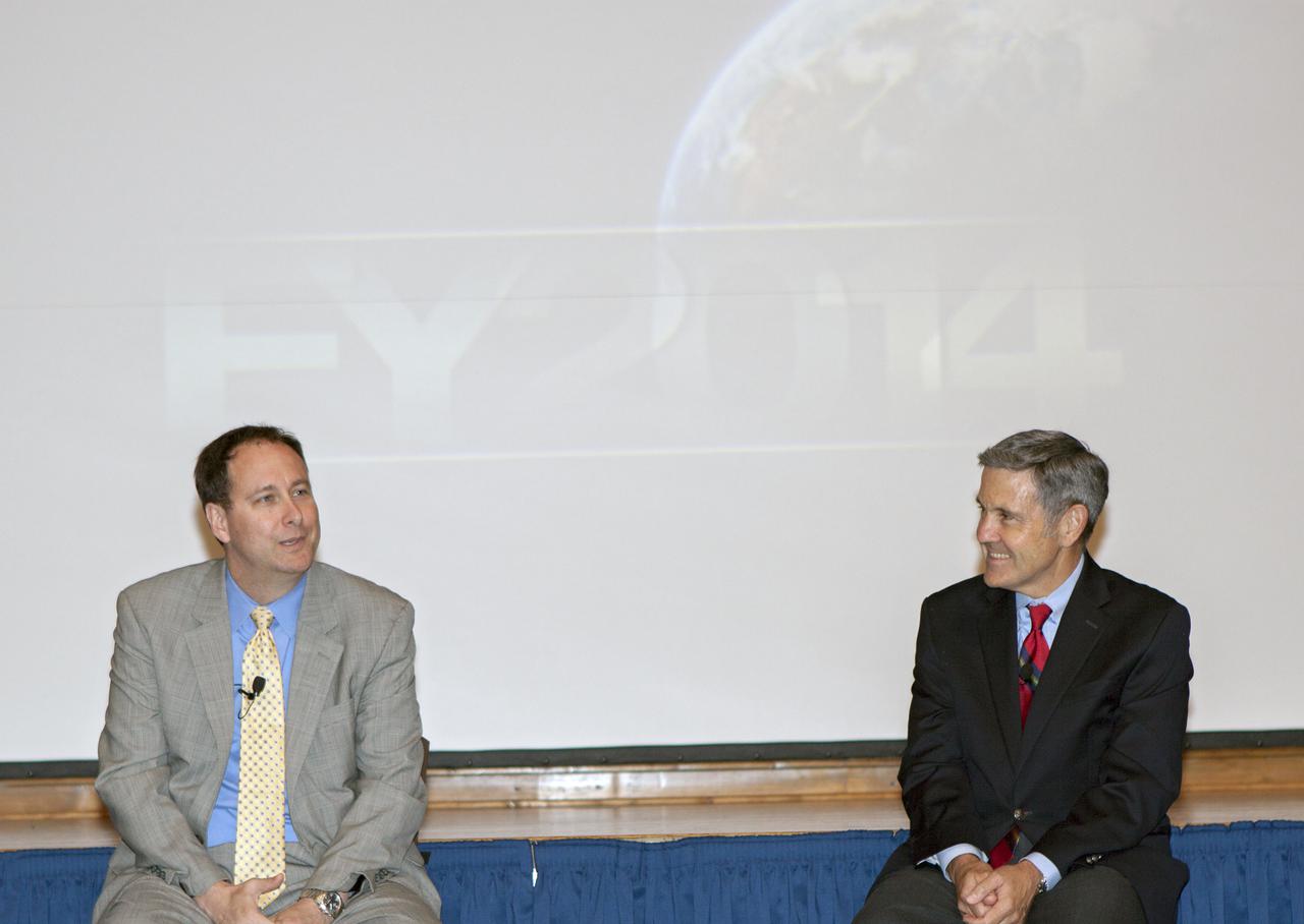 CAPE CANAVERAL, Fla. – NASA Associate Administrator Robert Lightfoot, left, and Kennedy Space Center Director Bob Cabana field questions from employees during an all-hands meeting held in Kennedy's Training Auditorium. Lightfoot discussed current and future initiatives for the agency and the center, including an astronaut mission to study an asteroid.  Photo credit: NASA_Jim Grossmann