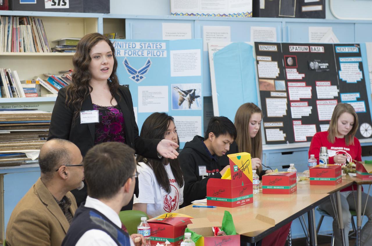 Aviation High School student, Katie McConville, introduces herself at a lunch and learn session with NASA Administrator Charles Bolden, Tuesday, Jan. 15, 2013 in Des Moines, WA.  Aviation High School is a college preparatory aviation- and aerospace-themed school and a premier school of choice for science, technology, engineering and math (STEM) in the Pacific Northwest.  Photo Credit: (NASA/Carla Cioffi)