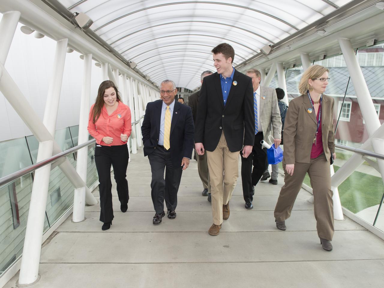 NASA Administrator Charles Bolden, second from left, is seen with Washington Aerospace Scholars Brenna Tuller-Ross, far left, and Alec Lindsey as they escort him on a tour of the Museum of Flight, Tuesday, Jan. 15, 2013 in Seattle, Washington.  Photo Credit: (NASA/Carla Cioffi)