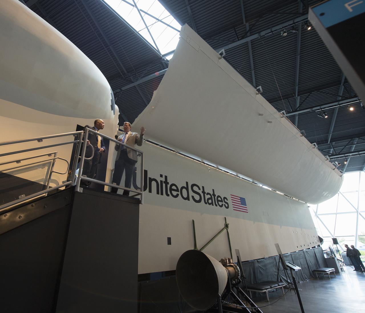 NASA Administrator Charles Bolden, left, is seen with Doug King, president and CEO of the Museum of Flight in Seattle, Washington on Tuesday, Jan. 15, 2013. Bolden toured the Space Shuttle Trainer Crew Compartment in the Charles Simonyi Space Gallery at the museum. Photo Credit: (NASA/Carla Cioffi)