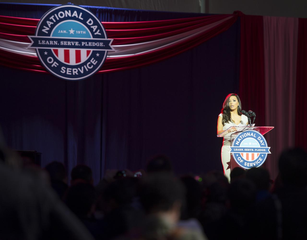 Actress Eva Longoria, Co-Chair of the Presidential Inaugural Committee, speaks at the National Day of Service on the National Mall, Saturday, January 19, 2013, in Washington.  NASA along with other federal agencies set up along the Mall as part of events surrounding the inauguration of President Barack Obama. Photo Credit: (NASA/Carla Cioffi)