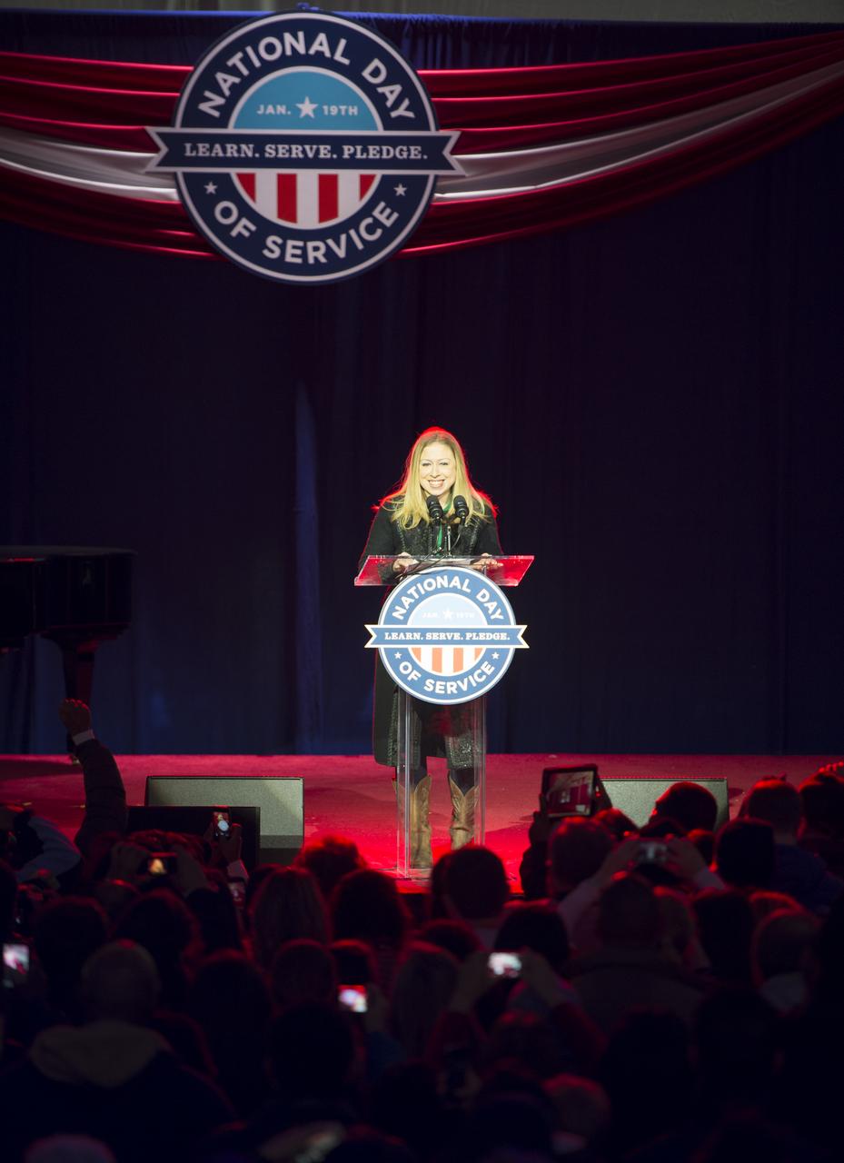 Former first daughter Chelsea Clinton kicks off the National Day of Service on the National Mall, Saturday, January 19, 2013, in Washington.  She urged Americans to get involved in service projects in their communities. Clinton will serve as honorary chair of the 2013 National Day of Service.  Photo Credit:  (NASA/Carla Cioffi)