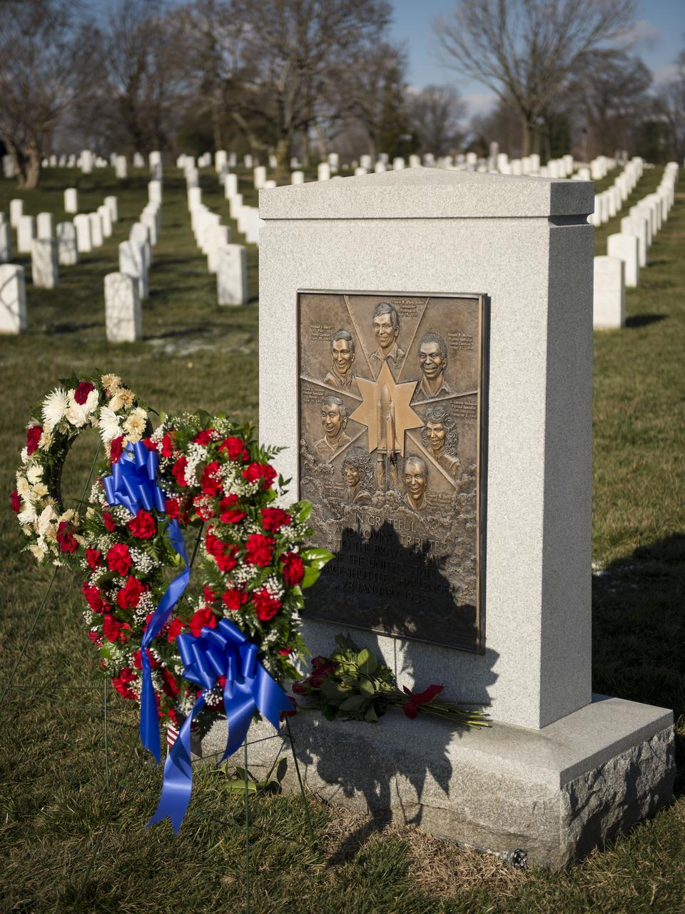 The Space Shuttle Challenger Memorial is seen after June Scobee Rodgers, widow of Challenger Space Shuttle Commander Dick Scobee and NASA Administrator Charles Bolden, along with others from NASA, participated in a wreath laying ceremony that was part of NASA's Day of Remembrance, Friday, Feb. 1, 2013, at Arlington National Cemetery.  Wreathes were laid in memory of those men and women who lost their lives in the quest for space exploration.  Photo Credit: (NASA/Bill Ingalls)
