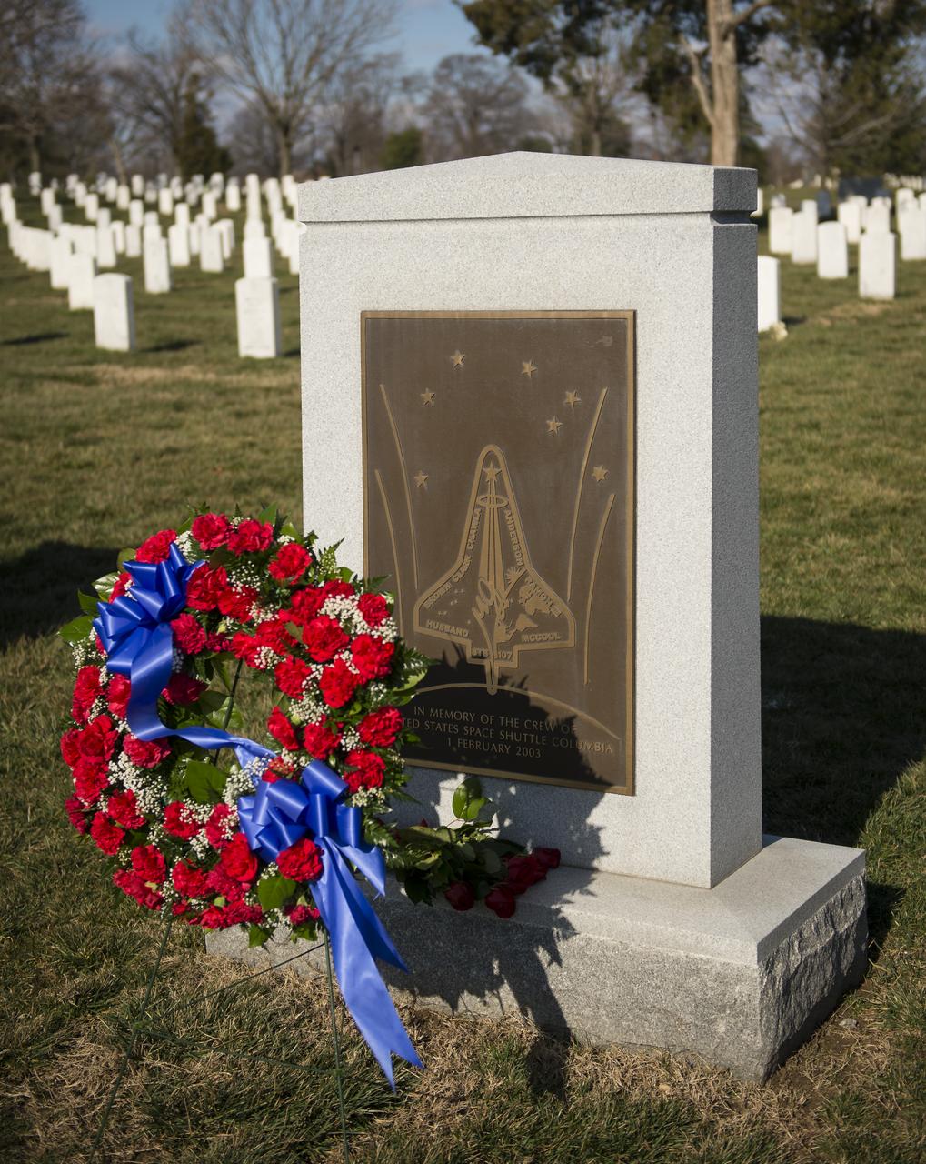 The Space Shuttle Columbia Memorial is seen after June Scobee Rodgers, widow of Challenger Space Shuttle Commander Dick Scobee and NASA Administrator Charles Bolden, along with others from NASA, participated in a wreath laying ceremony that was part of NASA's Day of Remembrance, Friday, Feb. 1, 2013, at Arlington National Cemetery. Wreathes were laid in memory of those men and women who lost their lives in the quest for space exploration. Photo Credit: (NASA/Bill Ingalls)