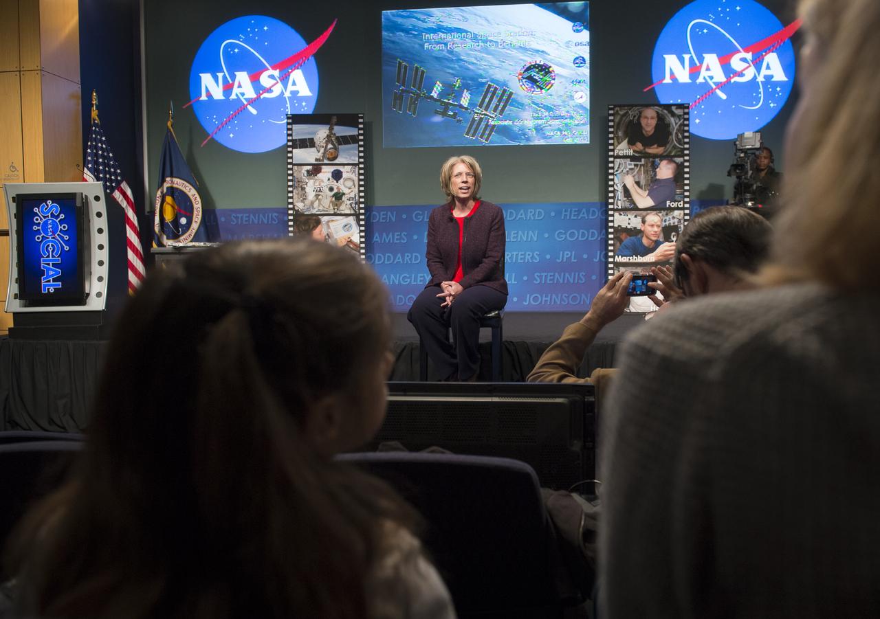 Tara Ruttley, International Space Station Program Scientist, talks about the benefits of conducting science experiments on ISS at a NASA Social exploring science on the ISS at NASA Headquarters, Wednesday, Feb. 20, 2013 in Washington. Photo Credit: (NASA/Carla Cioffi)