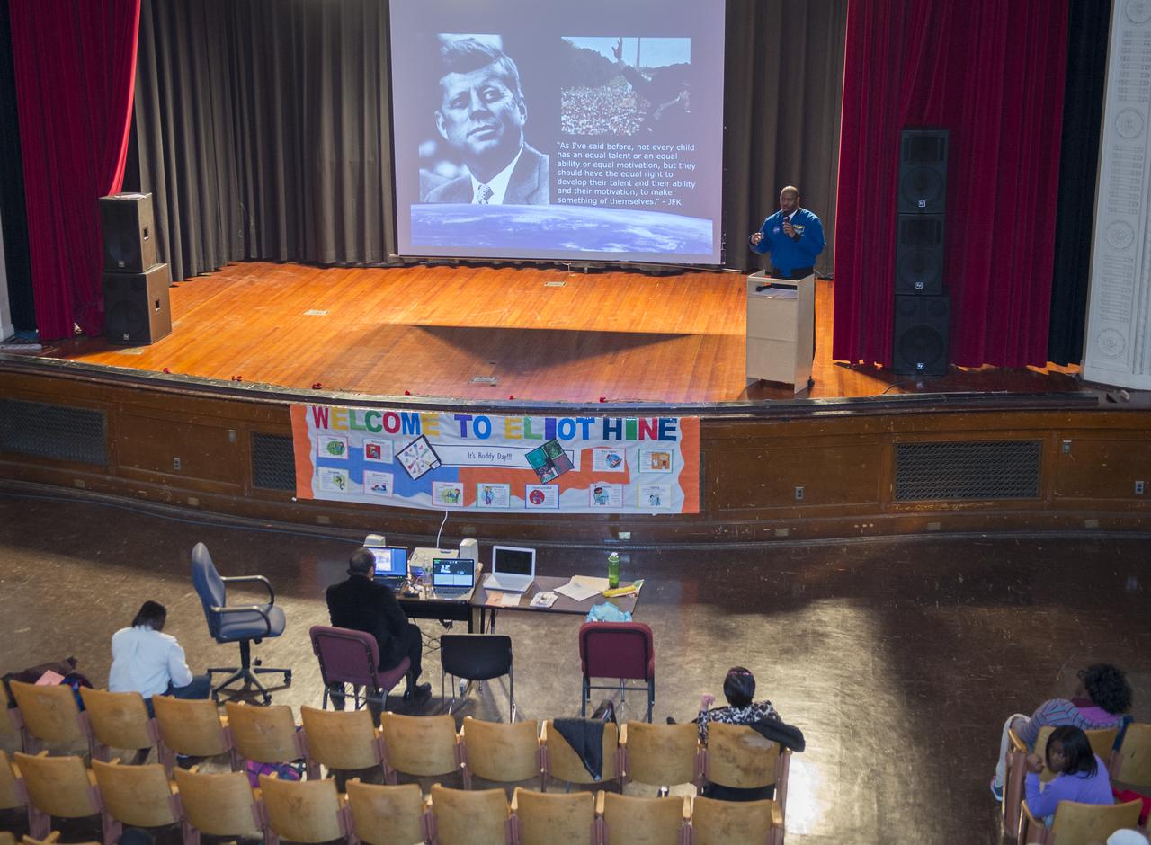 Leland Melvin (on stage), NASA Associate Administrator for Education and former astronaut, addresses an assembly at Eliot Hine Middle School in celebration of Black History Month on Friday, March 1, 2013 in Washington.  Melvin spoke about his journey to become a NASA astronaut stressing education as key.  Photo Credit: (NASA/Carla Cioffi)