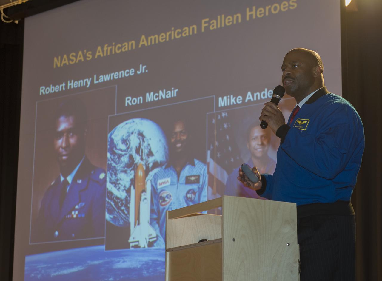 Leland Melvin, NASA Associate Administrator for Education and former astronaut, addresses an assembly at Eliot Hine Middle School in celebration of Black History Month on Friday, March 1, 2013 in Washington.  Melvin spoke about his journey to become a NASA astronaut stressing education as key.  Photo Credit: (NASA/Carla Cioffi)