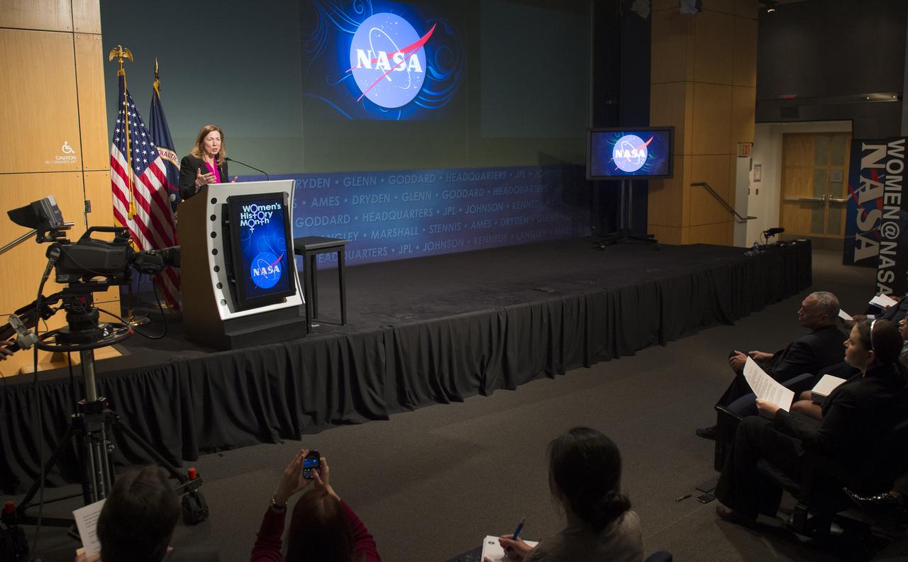 Lori Garver, NASA Deputy Administrator gave opening remarks at an event at NASA Headquarters celebrating National Women's History Month, Thursday, March 14, 2013 in Washington.  This year's keynote speaker was Donna Brazile, adjunct professor at Georgetown University, syndicated newspaper columnist and vice chair of voter registration and participation at the Democratic National Committee (DNC).  The theme of this year's program was "Women Inspiring Innovation Through Imagination."  Photo Credit:  (NASA/Carla Cioffi)