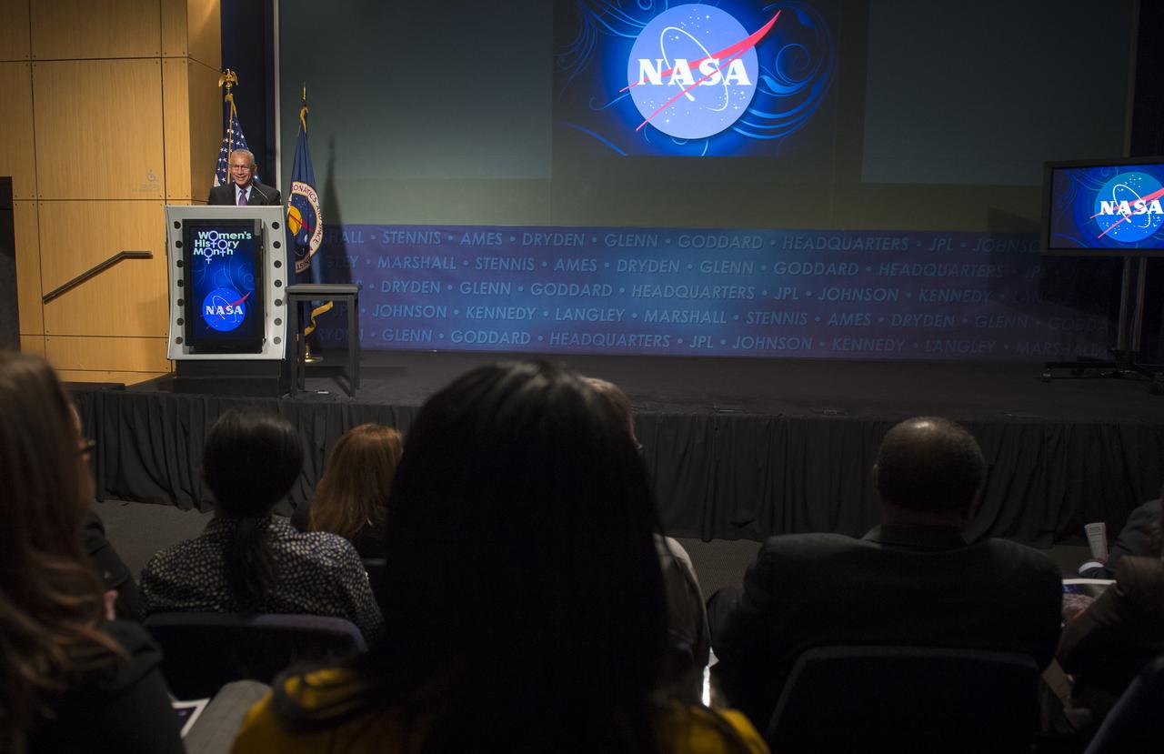 NASA Administrator Charles Bolden gave the introduction to the keynote speaker at an event celebrating National Women's History Month at NASA Headquarters, Thursday, March 14, 2013 in Washington.  This year's keynote speaker was Donna Brazile, adjunct professor at Georgetown University, syndicated newspaper columnist and vice chair of voter registration and participation at the Democratic National Committee (DNC).  The theme of this year's program was "Women Inspiring Innovation Through Imagination."  Photo Credit:  (NASA/Carla Cioffi)