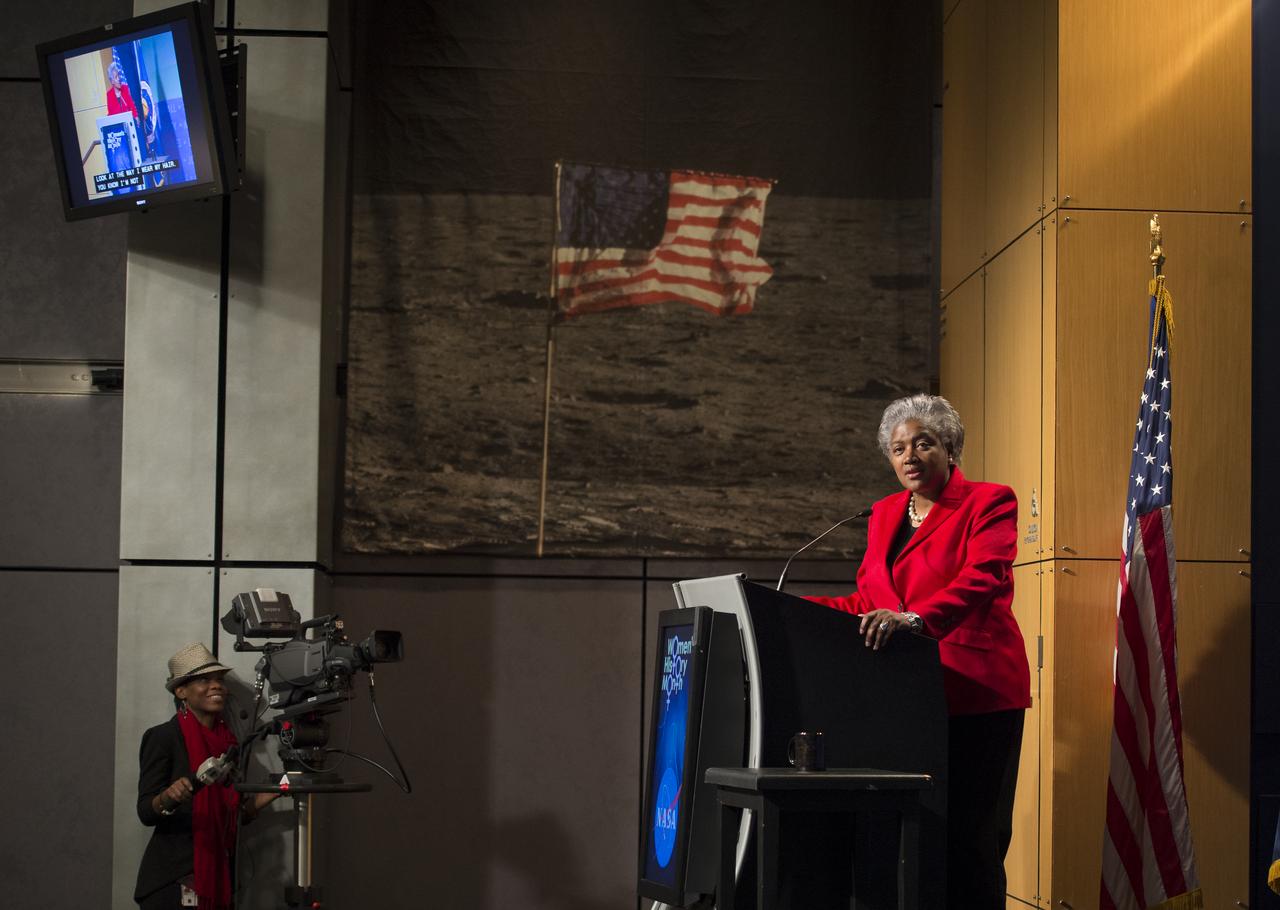 Donna Brazile, adjunct professor at Georgetown University, syndicated newspaper columnist and vice chair of voter registration and participation at the Democratic National Committee (DNC), gives the keynote speech at a program celebrating National Women's History Month at NASA Headquarters, Thursday, March 14, 2013 in Washington.  The theme of this year's program was "Women Inspiring Innovation Through Imagination."   The program was sponsored by the HQ Equal Opportunity and Diversity Management Division at NASA Headquarters and commemorates the 100th Anniversary of the Women's Suffrage March on Washington.  Photo Credit:  (NASA/Carla Cioffi)