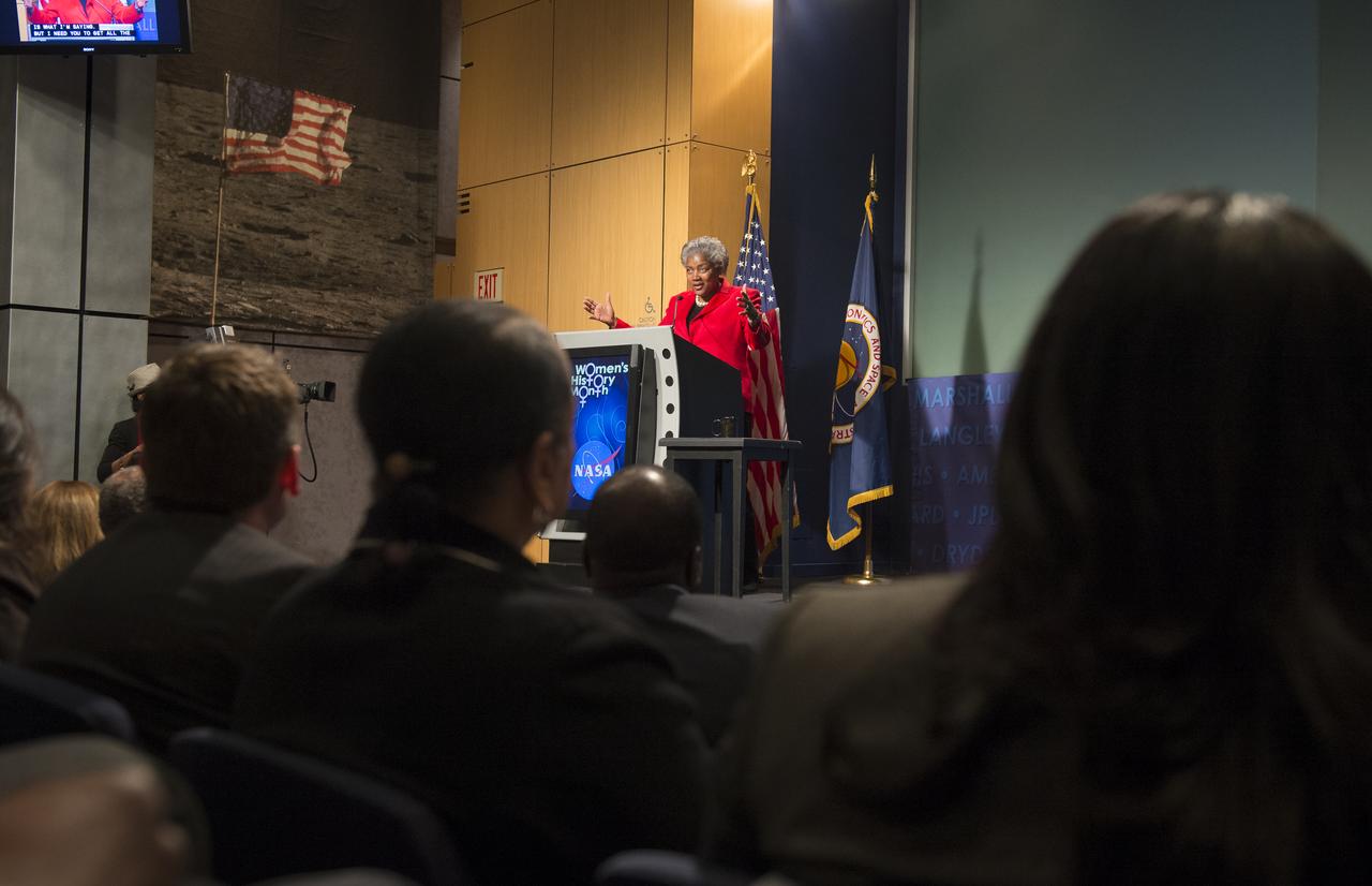 Donna Brazile, adjunct professor at Georgetown University, syndicated newspaper columnist and vice chair of voter registration and participation at the Democratic National Committee (DNC), gives the keynote speech at a program celebrating National Women's History Month at NASA Headquarters, Thursday, March 14, 2013 in Washington.  The theme of this year's program was "Women Inspiring Innovation Through Imagination."   The program was sponsored by the HQ Equal Opportunity and Diversity Management Division at NASA Headquarters and commemorates the 100th Anniversary of the Women's Suffrage March on Washington.  Photo Credit:  (NASA/Carla Cioffi)