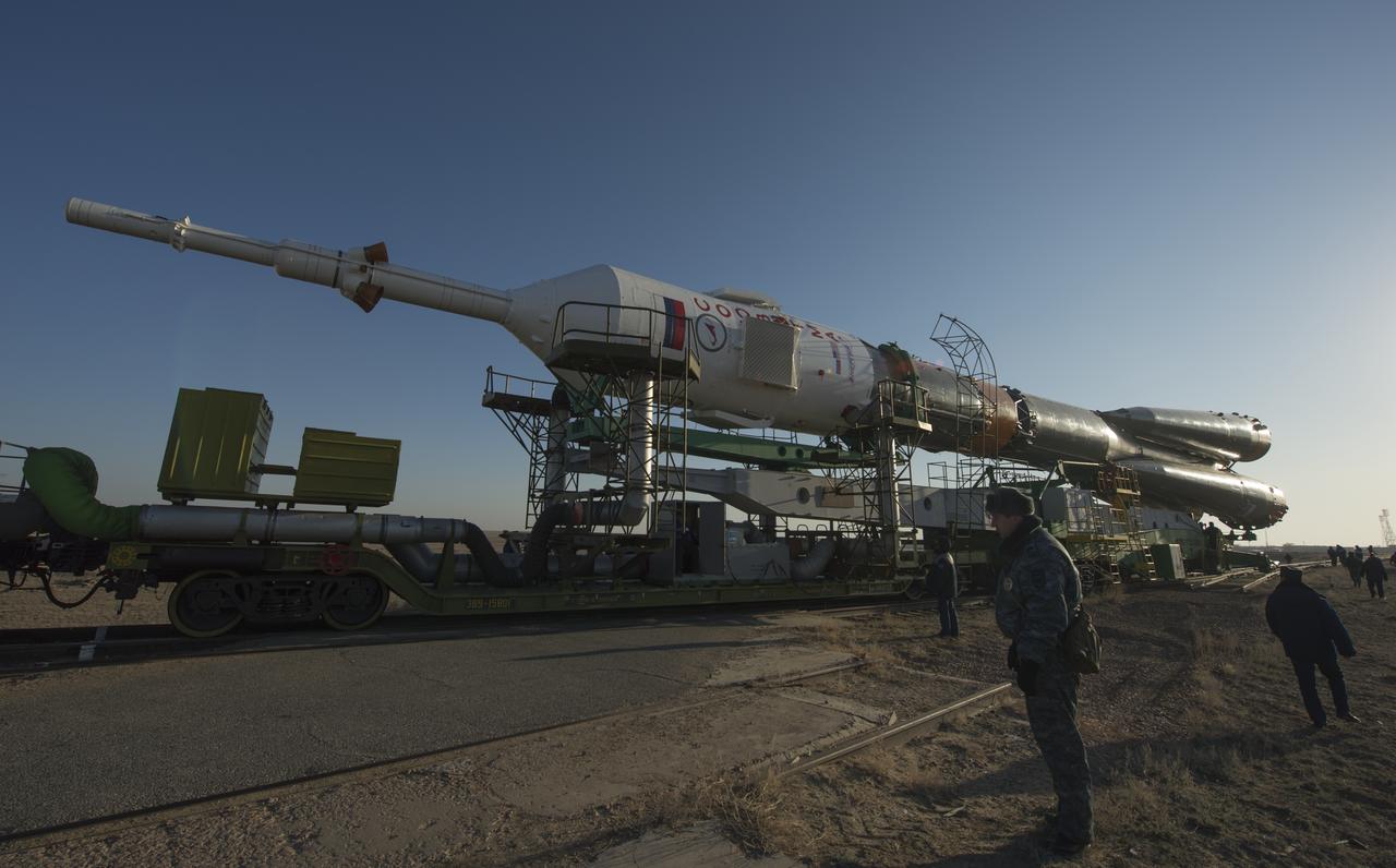 The Soyuz rocket is rolled out to the launch pad by train on Tuesday, March 26, 2013, at the Baikonur Cosmodrome in Kazakhstan. Launch of the Soyuz rocket is scheduled for March 29 and will send Expedition 35 Soyuz Commander Pavel Vinogradov, and Flight Engineers Chris Cassidy of NASA and Alexander Misurkin of Russia on a five and a half-month mission aboard the International Space Station. Photo Credit: (NASA/Carla Cioffi)