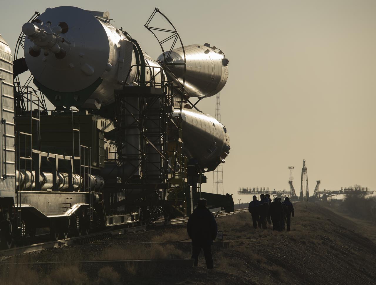 The Soyuz rocket is rolled out to the launch pad by train on Tuesday, March 26, 2013, at the Baikonur Cosmodrome in Kazakhstan. Launch of the Soyuz rocket is scheduled for March 29 and will send Expedition 35 Soyuz Commander Pavel Vinogradov, and Flight Engineers Chris Cassidy of NASA and Alexander Misurkin of Russia on a five and a half-month mission aboard the International Space Station. Photo Credit: (NASA/Carla Cioffi)