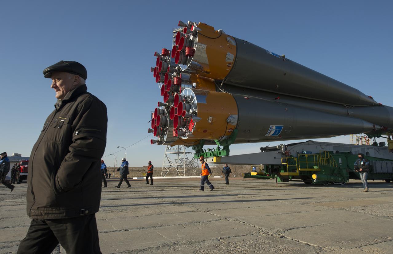 The Soyuz rocket arrives at its launch pad by train on Tuesday, March 26, 2013, at the Baikonur Cosmodrome in Kazakhstan. Launch of the Soyuz rocket is scheduled for March 29 and will send Expedition 35 Soyuz Commander Pavel Vinogradov, and Flight Engineers Chris Cassidy of NASA and Alexander Misurkin of Russia on a five and a half-month mission aboard the International Space Station. Photo Credit: (NASA/Carla Cioffi)