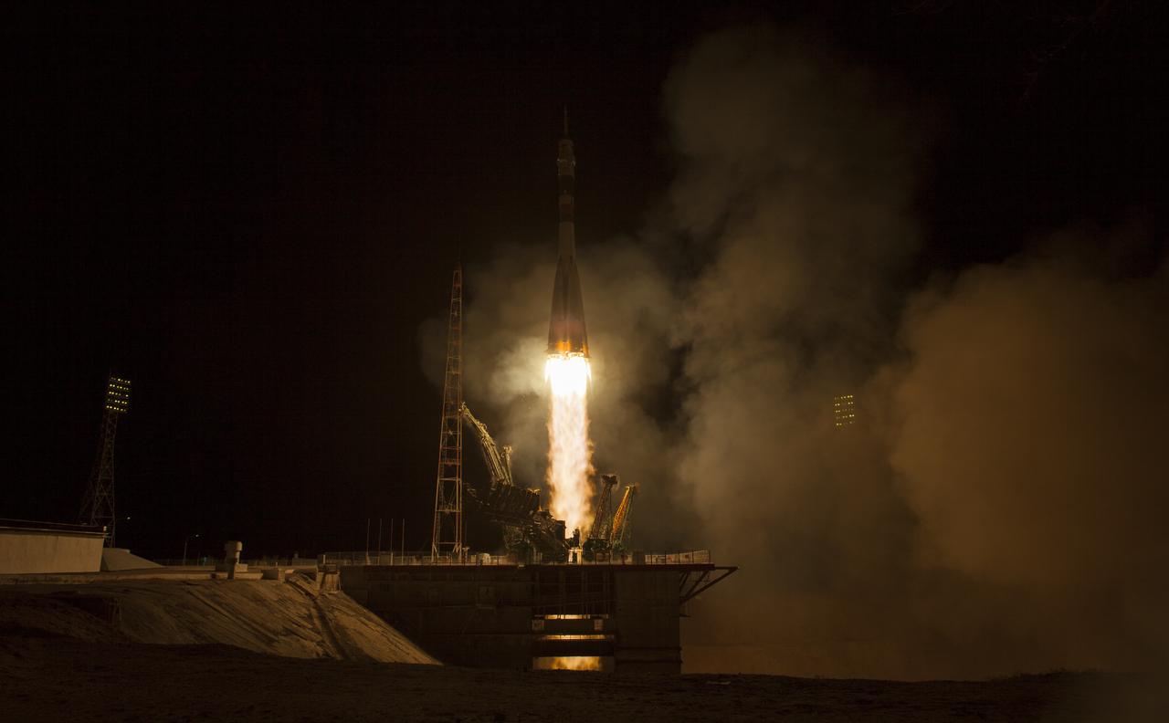 The Soyuz TMA-08M rocket launches from the Baikonur Cosmodrome in Kazakhstan on Friday, March 29, 2013 carrying Expedition 35 Soyuz Commander Pavel Vinogradov, NASA Flight Engineer Chris Cassidy and Russian Flight Engineer Alexander Misurkin to the International Space Station. Their Soyuz rocket launched at 2:43 a.m. local time. Photo Credit: (NASA/Carla Cioffi)