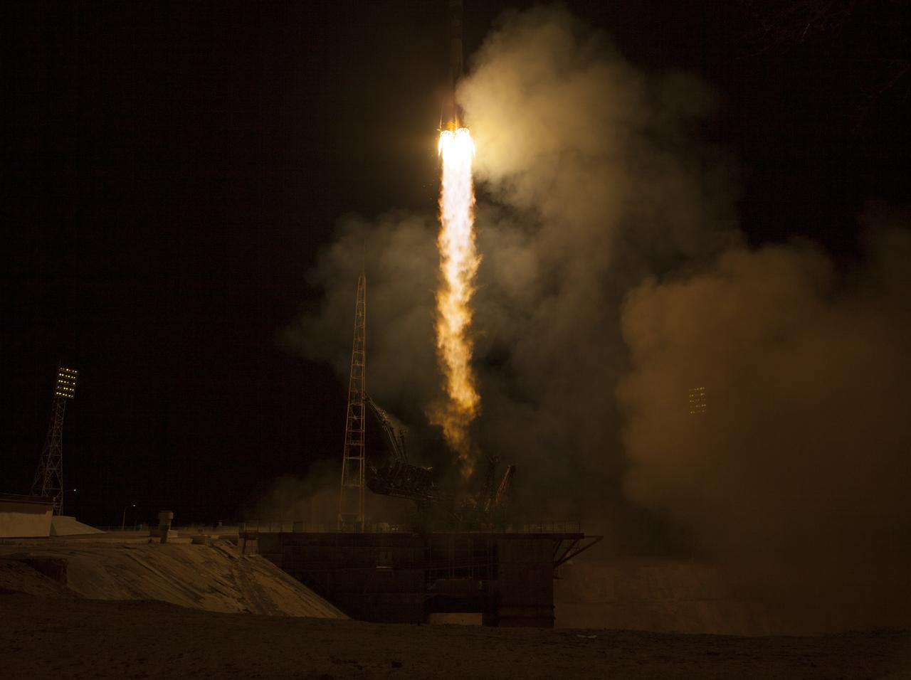 The Soyuz TMA-08M rocket launches from the Baikonur Cosmodrome in Kazakhstan on Friday, March 29, 2013 carrying Expedition 35 Soyuz Commander Pavel Vinogradov, NASA Flight Engineer Chris Cassidy and Russian Flight Engineer Alexander Misurkin to the International Space Station. Their Soyuz rocket launched at 2:43 a.m. local time. Photo Credit: (NASA/Carla Cioffi)