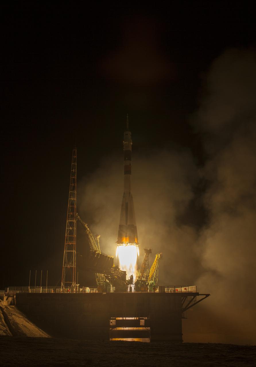 The Soyuz TMA-08M rocket launches from the Baikonur Cosmodrome in Kazakhstan on Friday, March 29, 2013 carrying Expedition 35 Soyuz Commander Pavel Vinogradov, NASA Flight Engineer Chris Cassidy and Russian Flight Engineer Alexander Misurkin to the International Space Station. Their Soyuz rocket launched at 2:43 a.m. local time. Photo Credit: (NASA/Carla Cioffi)