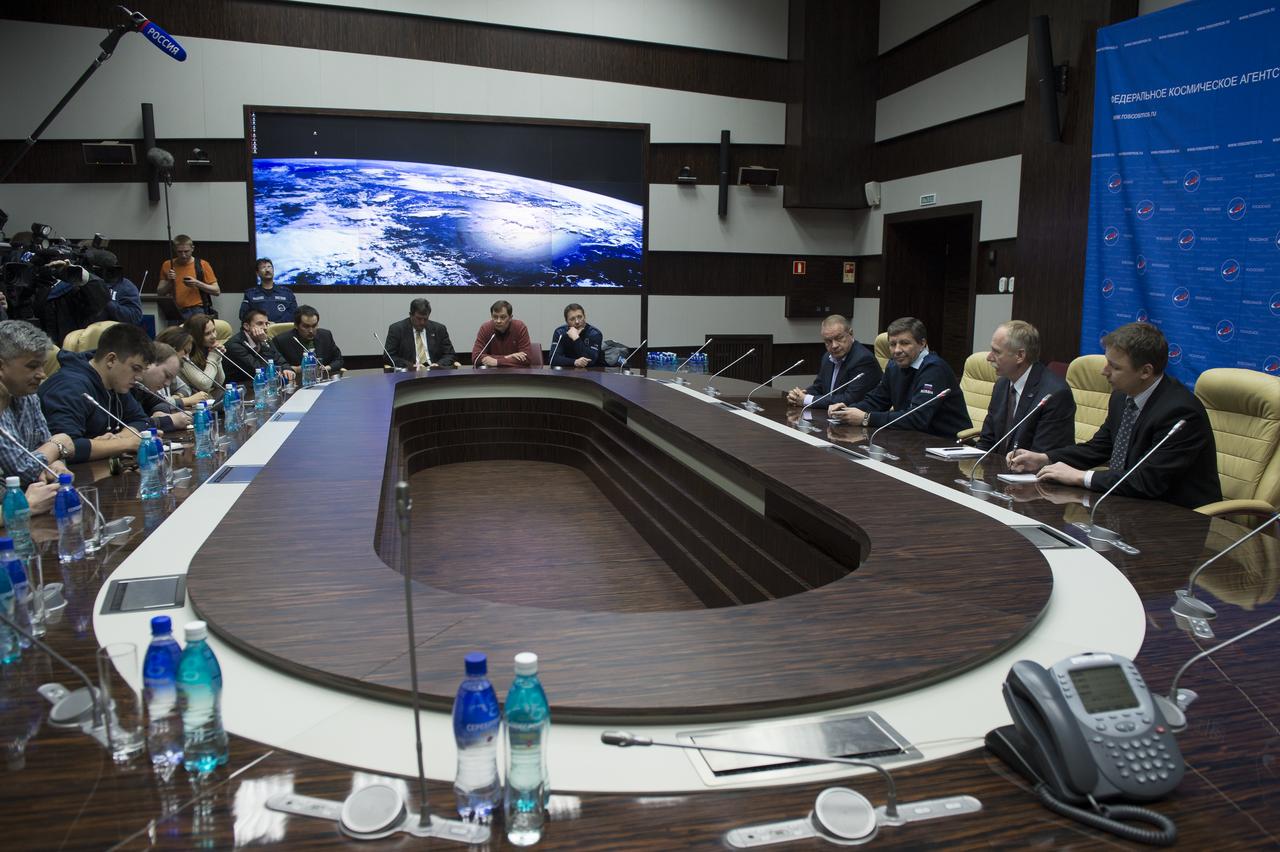 William Gerstenmaier (second from right), NASA Associate Administrator Human Exploration and Operations speaks at a press conference following the successful single-day launch-to-docking of the Soyuz TMA-08M with the International Space Station on Friday, March 29, 2013 at the Baikonur Hotel in Baikonur, Kazakhstan. The Soyuz reached the station in less than six hours and after only four orbits, instead of its usual two-day route, carrying the Expedition 35 crew of Soyuz Commander Pavel Vinogradov, NASA Flight Engineer Chris Cassidy and Russian Flight Engineer Alexander Misurkin.  Photo Credit:  (NASA/Carla Cioffi)