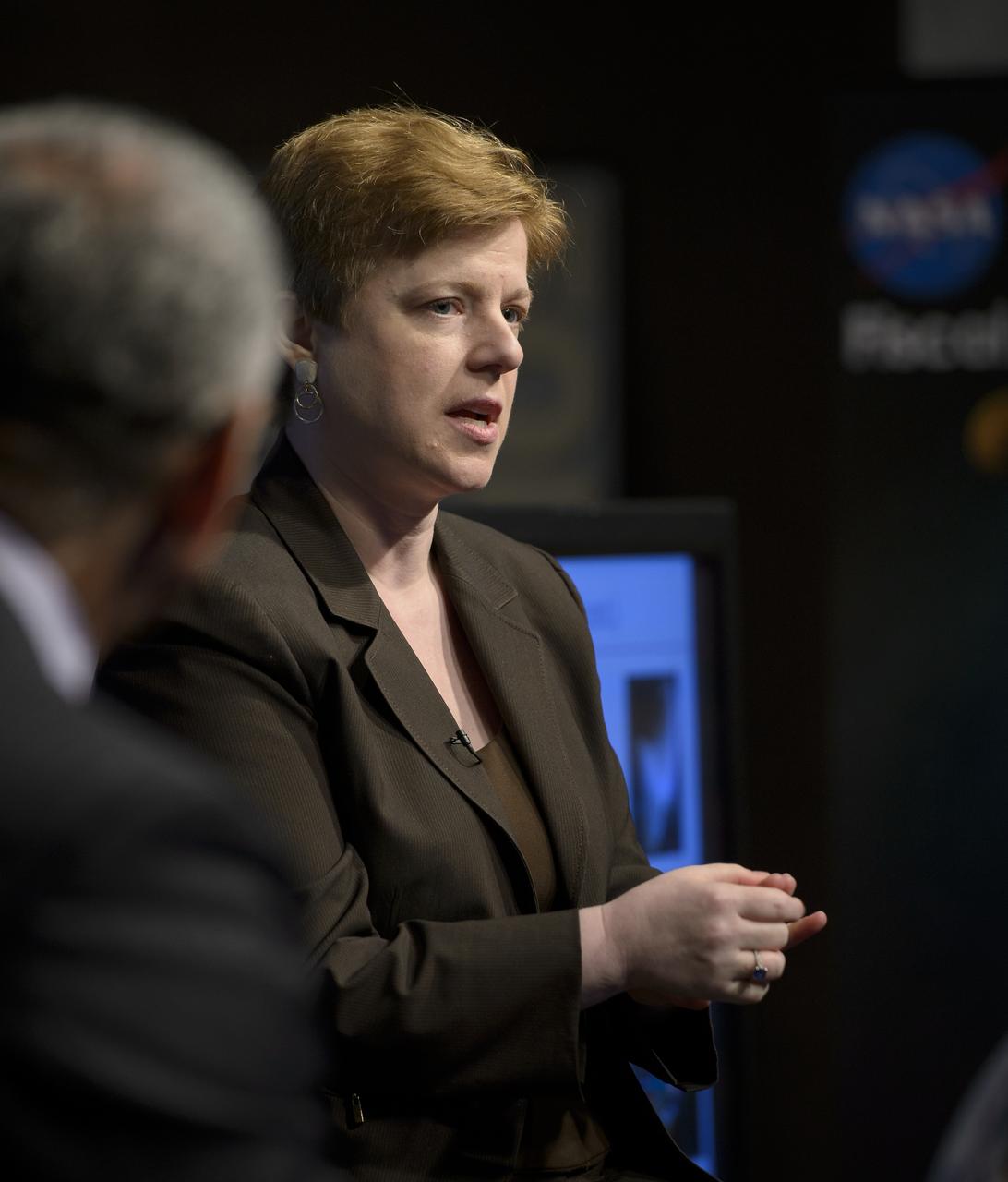 NASA Chief Financial Officer Elizabeth Robinson, presents details of the fiscal year 2014 budget request in an agency-wide all hands meeting televised from NASA Headquarters on Wednesday, April 10, 2013 in Washington. Photo Credit: (NASA/Bill Ingalls)