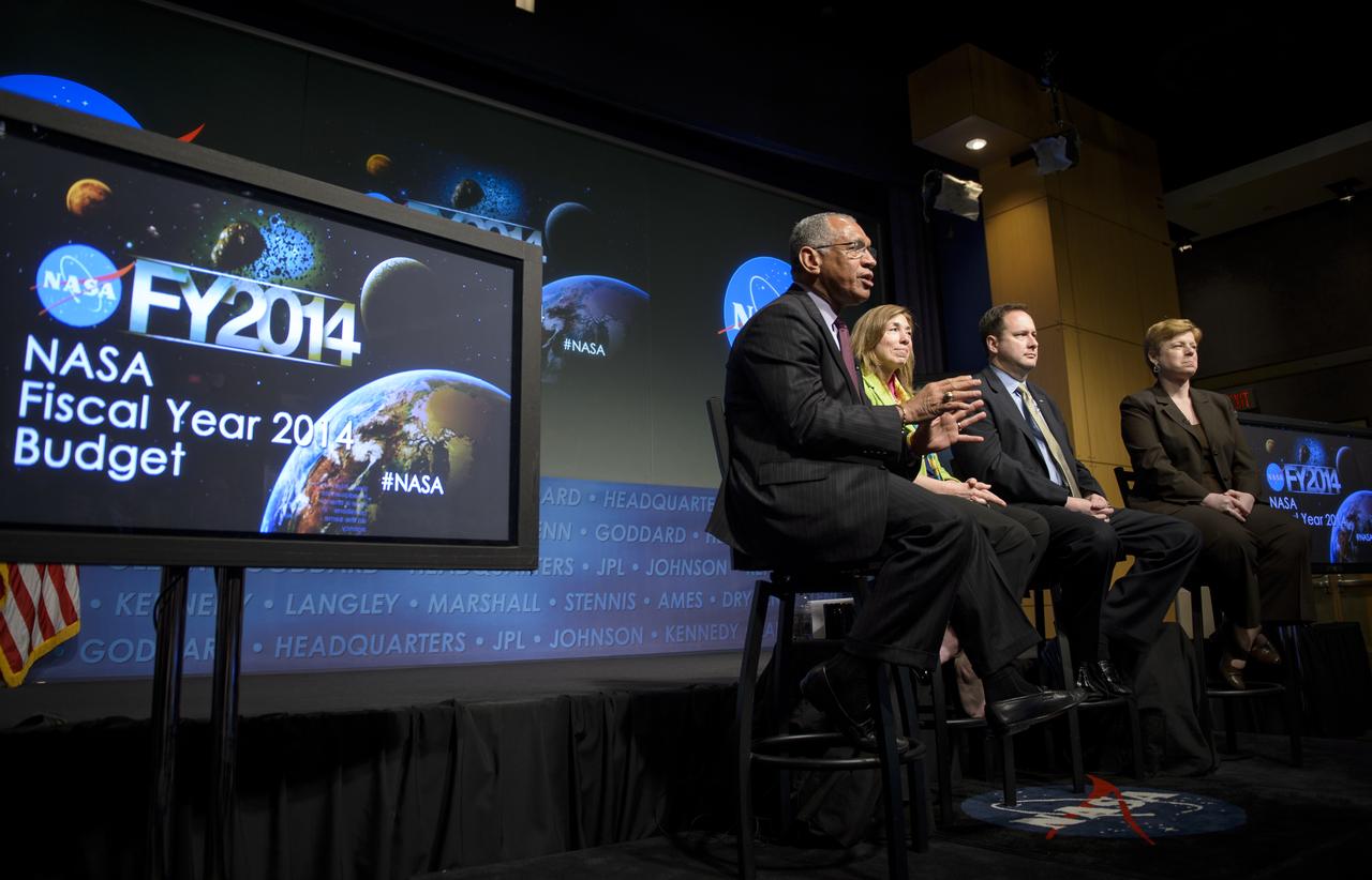 NASA Administrator Charlie Bolden, left, NASA Deputy Administrator Lori Garver, NASA Associate Administrator Robert Lightfoot, and NASA Chief Financial Officer Elizabeth Robinson, right, present details of the fiscal year 2014 budget request in an agency-wide all hands meeting televised from NASA Headquarters on Wednesday, April 10, 2013 in Washington. Photo Credit: (NASA/Bill Ingalls)