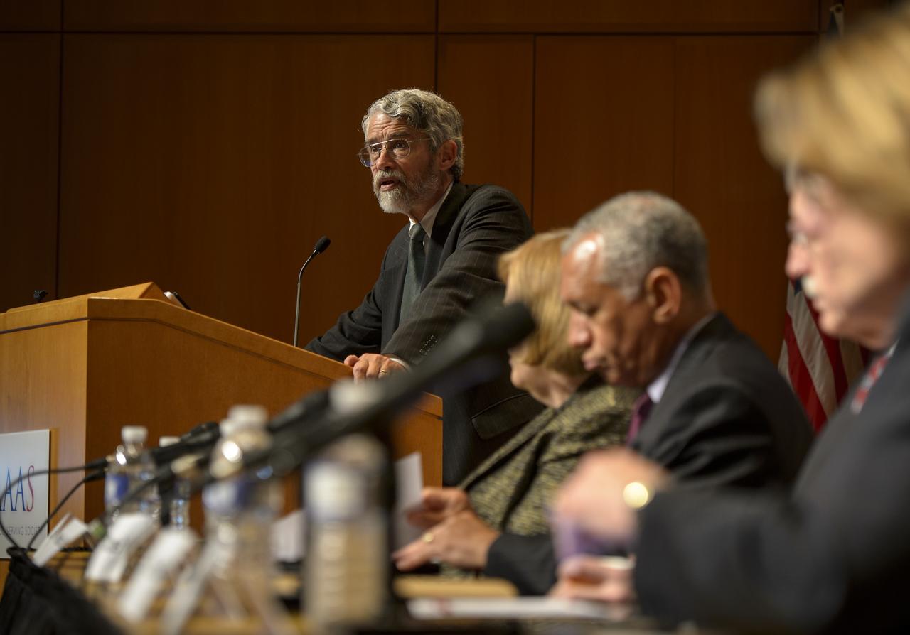 Dr. John P. Holdren, Assistant to the President for Science and Technology, Director of the White House Office of Science and Technology Policy, speaks during a Fiscal Year 2014 budget briefing held with Patricia Falcone of OSTP, Charlie Bolden from NASA, Francis Collins from NIH, Cora Marrett from NSF, and Kathryn Sullivan from NOAA, at the American Association for the Advancement of Science (AAAS) on Wednesday, April 10, 2013 in Washington. Photo Credit: (NASA/Bill Ingalls)