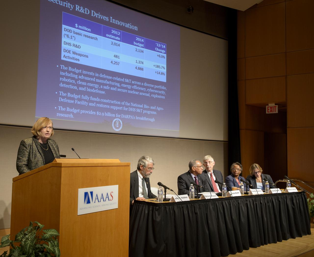 Patricia Falcone, Associate Director, National Security and International Affairs Division, White House Office of Science and Technology Policy, delivers remarks during a Fiscal Year 2014 budget briefing with Dr. John P. Holdren, Director of OSTP, Charlie Bolden from NASA, Francis Collins from NIH, Cora Marrett from NSF, and Kathryn Sullivan from NOAA, at the American Association for the Advancement of Science (AAAS) on Wednesday, April 10, 2013 in Washington. Photo Credit: (NASA/Bill Ingalls)