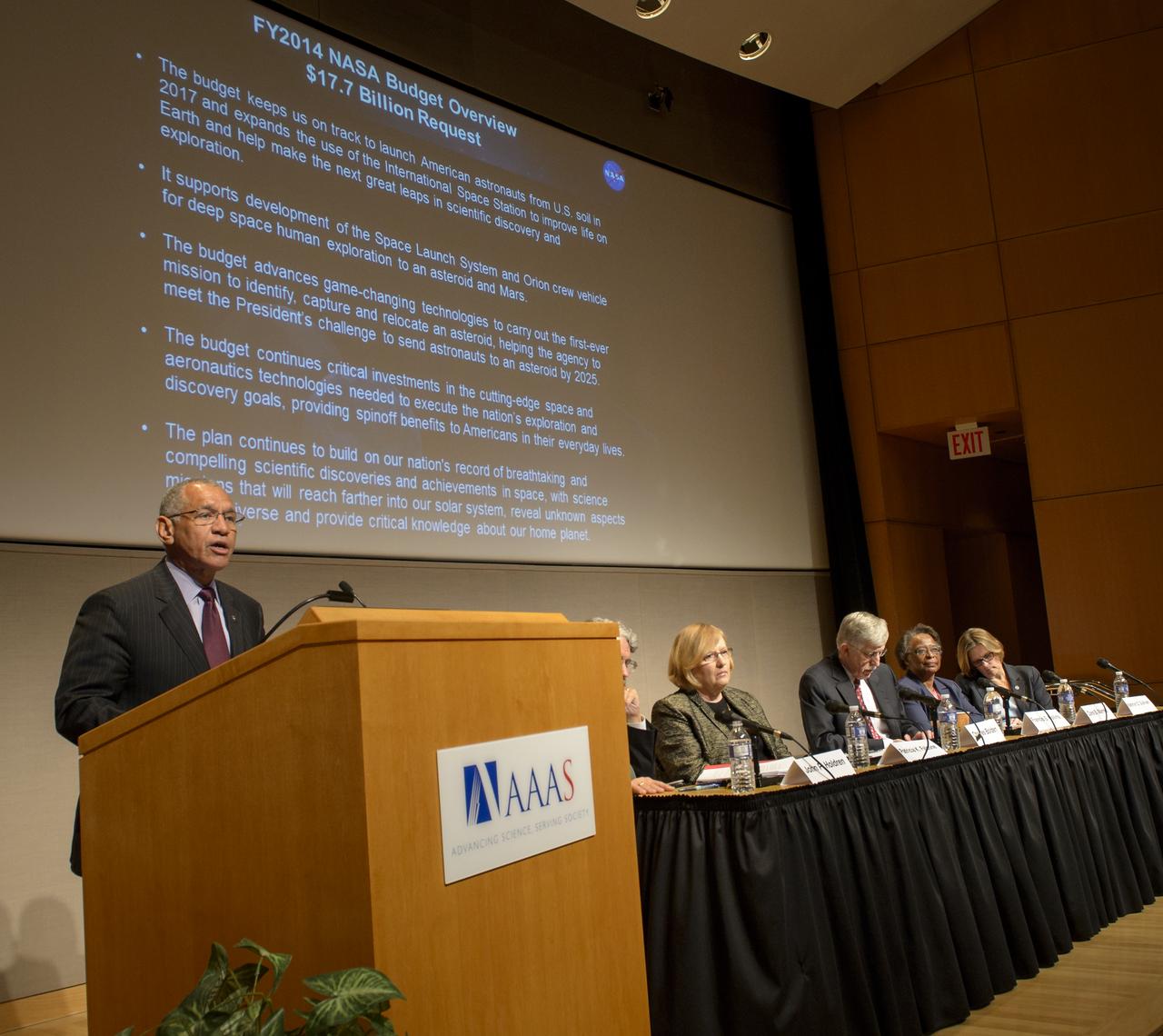 NASA Administrator Charlie Bolden, delivers remarks during a White House Office of Science and Technology Policy (OSTP) Fiscal Year 2014 budget briefing held with with Dr. John P. Holdren, Director of OSTP, Patricia Falcone of OSTP, Francis Collins from NIH, Cora Marrett from NSF, and Kathryn Sullivan from NOAA, at the American Association for the Advancement of Science (AAAS) on Wednesday, April 10, 2013 in Washington. Photo Credit: (NASA/Bill Ingalls)
