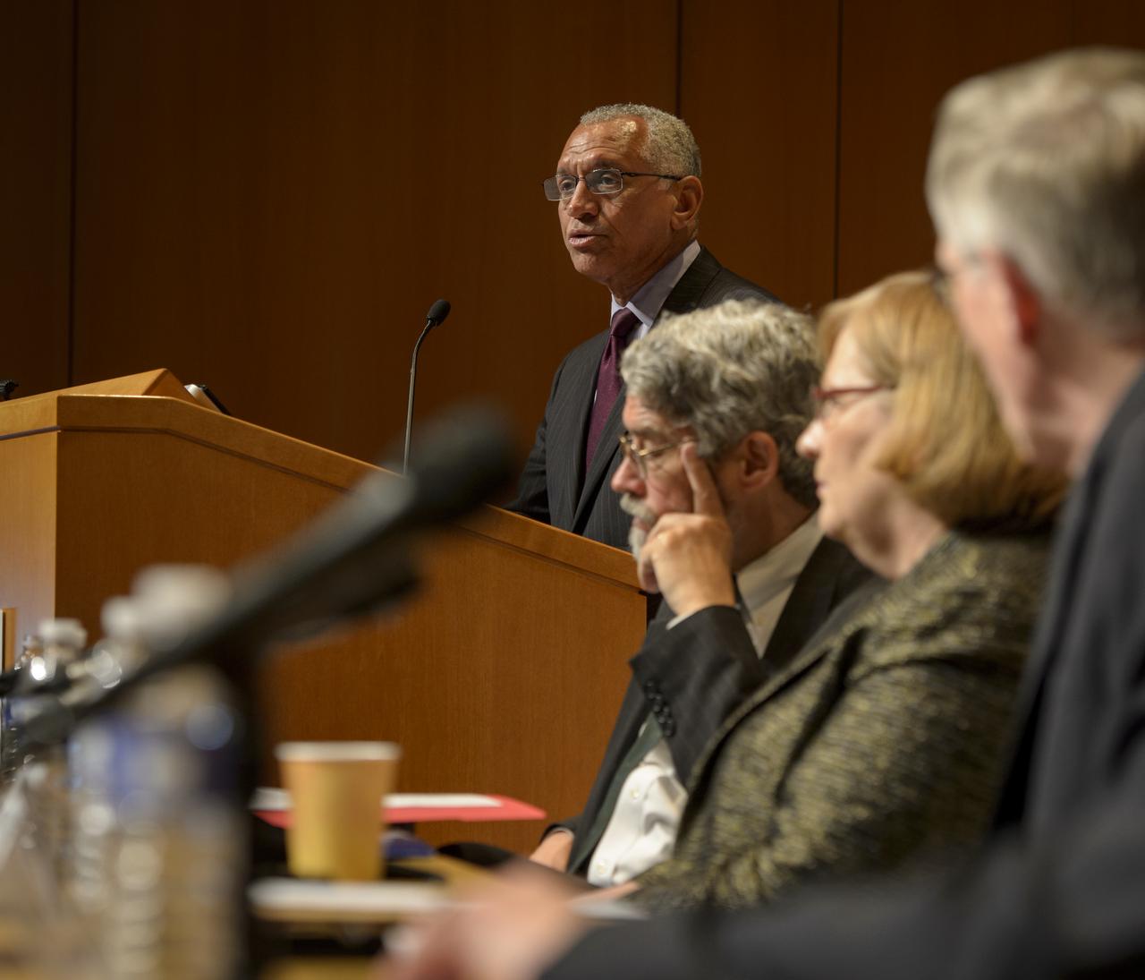 NASA Administrator Charlie Bolden, delivers remarks during a White House Office of Science and Technology Policy (OSTP) Fiscal Year 2014 budget briefing held with with Dr. John P. Holdren, Director of OSTP, Patricia Falcone of OSTP, Francis Collins from NIH, Cora Marrett from NSF, and Kathryn Sullivan from NOAA, at the American Association for the Advancement of Science (AAAS) on Wednesday, April 10, 2013 in Washington. Photo Credit: (NASA/Bill Ingalls)