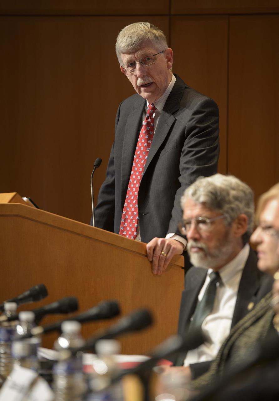 Director of the National Institutes of Health (NIH) Francis S. Collins, M.D., Ph.D., delivers remarks during a White House Office of Science and Technology Policy (OSTP) Fiscal Year 2014 budget briefing held with with Dr. John P. Holdren, Director of OSTP, Patricia Falcone of OSTP, Charlie Bolden from NASA, Cora Marrett from NSF, and Kathryn Sullivan from NOAA, at the American Association for the Advancement of Science (AAAS) on Wednesday, April 10, 2013 in Washington. Photo Credit: (NASA/Bill Ingalls)