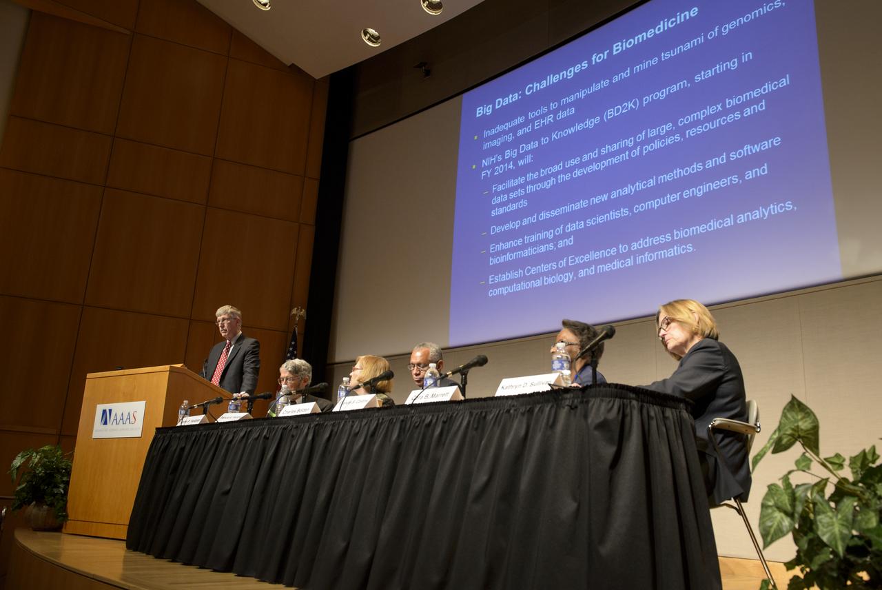 Director of the National Institutes of Health (NIH) Francis S. Collins, M.D., Ph.D., delivers remarks during a White House Office of Science and Technology Policy (OSTP) Fiscal Year 2014 budget briefing held with with Dr. John P. Holdren, Director of OSTP, Patricia Falcone of OSTP, Charlie Bolden from NASA, Cora Marrett from NSF, and Kathryn Sullivan from NOAA, at the American Association for the Advancement of Science (AAAS) on Wednesday, April 10, 2013 in Washington. Photo Credit: (NASA/Bill Ingalls)