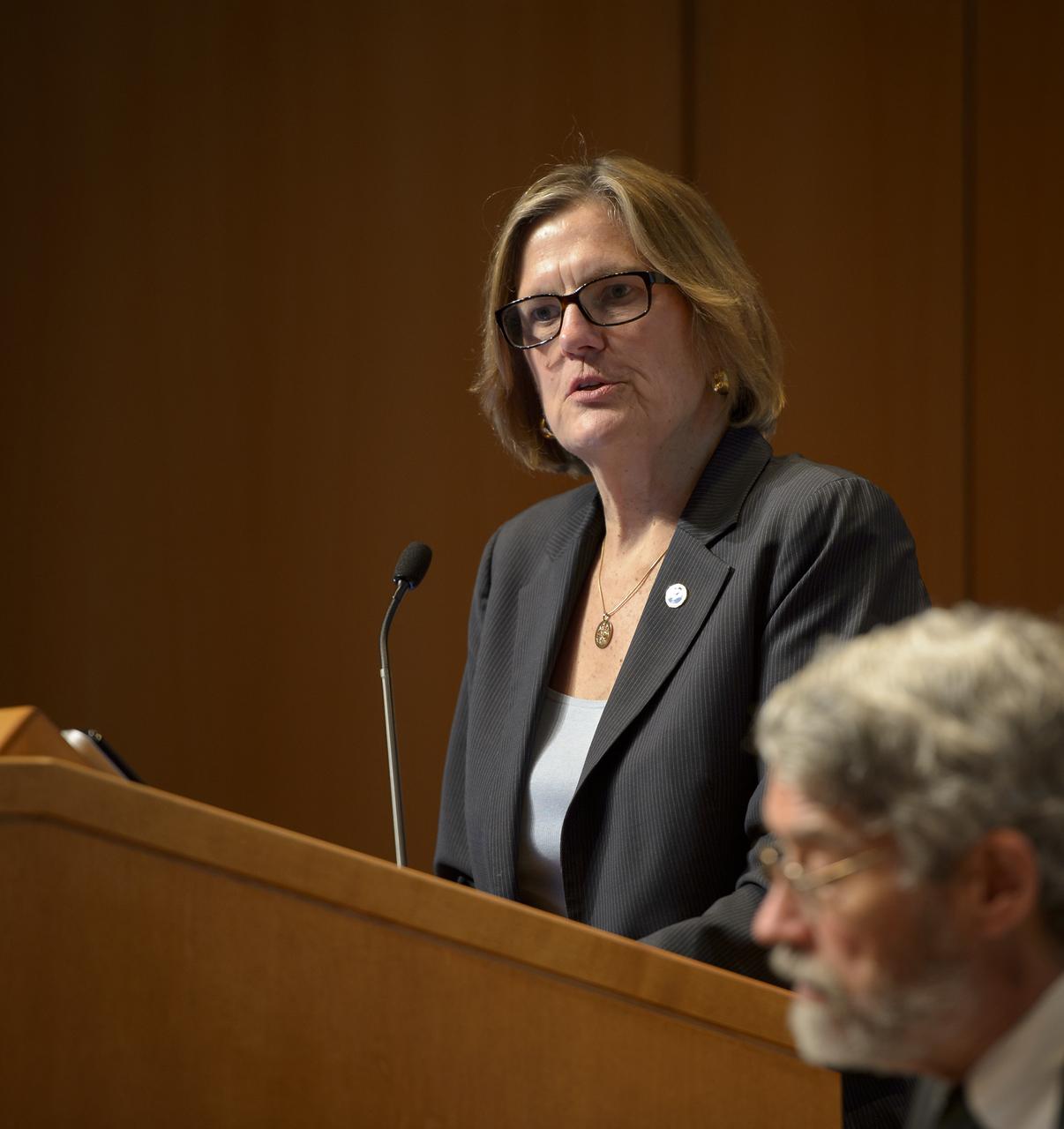 Dr. Kathryn D. Sullivan, Acting Under Secretary of Commerce for Oceans and Atmosphere and Acting NOAA Administrator, delivers remarks during a White House Office of Science and Technology Policy (OSTP) Fiscal Year 2014 budget briefing held with with Dr. John P. Holdren, Director of OSTP, Patricia Falcone of OSTP, Charlie Bolden from NASA, Francis Collins from NIH, and Cora Marrett from NSF, at the American Association for the Advancement of Science (AAAS) on Wednesday, April 10, 2013 in Washington. Photo Credit: (NASA/Bill Ingalls)