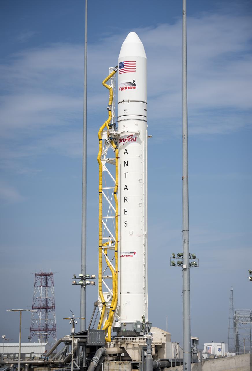 The Orbital Sciences Corporation Antares rocket is seen on the Mid-Atlantic Regional Spaceport (MARS) Pad-0A at the NASA Wallops Flight Facility, Friday, April 19, 2013 in Virginia.  NASA's commercial space partner, Orbital Sciences Corporation, is scheduled to test launch its first Antares on Saturday, April 20, 2013.  Photo Credit: (NASA/Bill Ingalls)