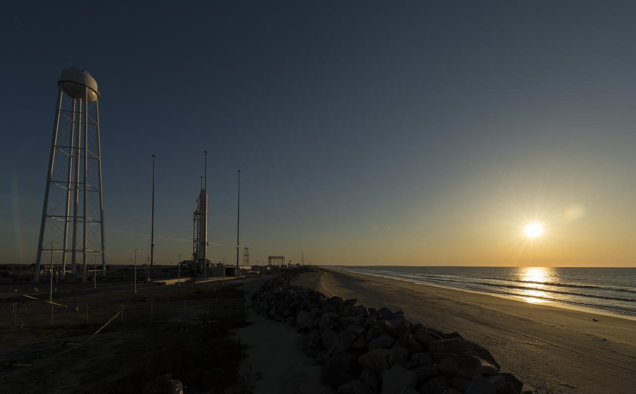 The Orbital Sciences Corporation Antares rocket is seen during sunrise on the Mid-Atlantic Regional Spaceport (MARS) Pad-0A at the NASA Wallops Flight Facility in Virginia, Sunday, April 21, 2013.  NASA's commercial space partner, Orbital Sciences Corporation, is scheduled to test launch its first Antares later in the day.  Photo Credit: (NASA/Bill Ingalls)