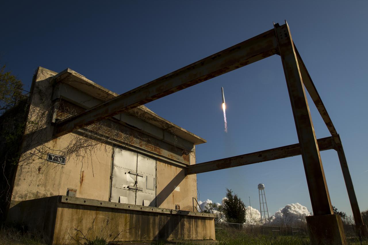 The Orbital Sciences Corporation Antares rocket is seen as it launches from Pad-0A of the Mid-Atlantic Regional Spaceport (MARS) at the NASA Wallops Flight Facility in Virginia, Sunday, April 21, 2013. The test launch marked the first flight of Antares and the first rocket launch from Pad-0A. The Antares rocket delivered the equivalent mass of a spacecraft, a so-called mass simulated payload, into Earth's orbit. Photo Credit: (NASA/Bill Ingalls)