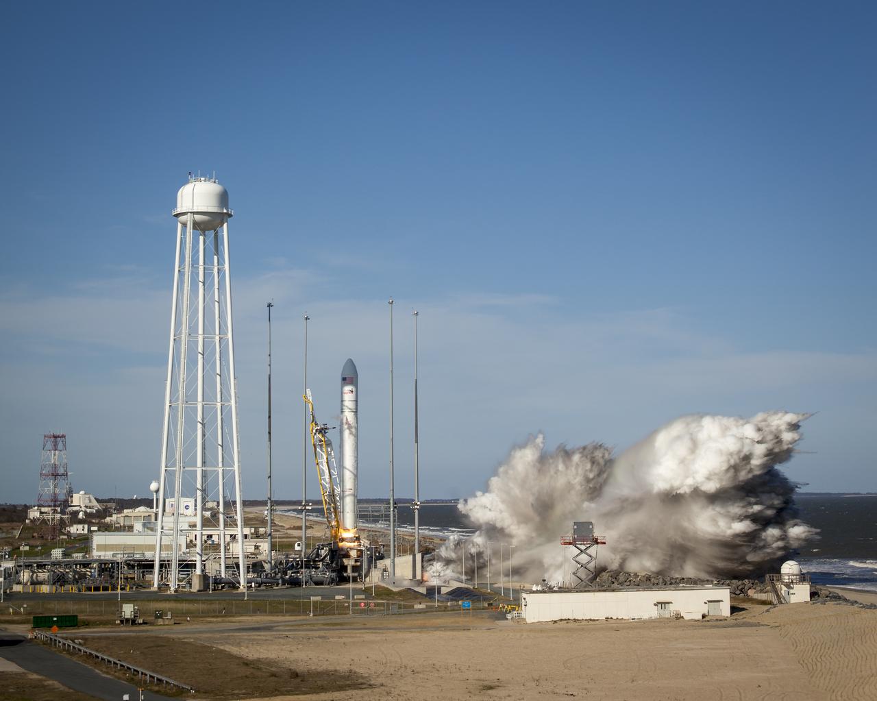 The Orbital Sciences Corporation Antares rocket is seen as it launches from Pad-0A of the Mid-Atlantic Regional Spaceport (MARS) at the NASA Wallops Flight Facility in Virginia, Sunday, April 21, 2013. The test launch marked the first flight of Antares and the first rocket launch from Pad-0A. The Antares rocket delivered the equivalent mass of a spacecraft, a so-called mass simulated payload, into Earth's orbit. Photo Credit: (NASA/Bill Ingalls)