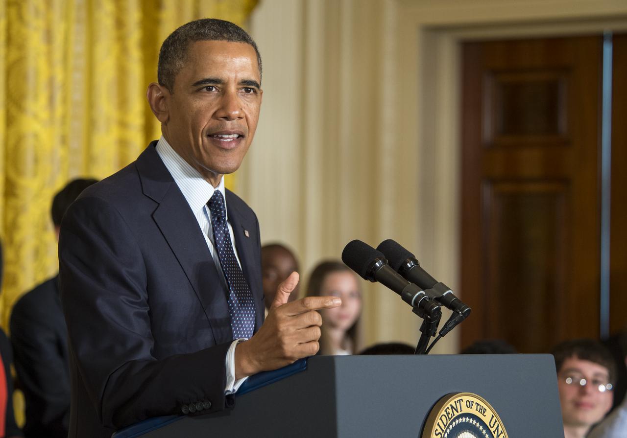 U.S. President Barack Obama speaks as he hosts the third-ever White House Science Fair in the East Room at the White House in Washington, April 22, 2013. The science fair celebrated student winners of a broad range of science, technology, engineering and math (STEM) competitions from across the country.  Photo Credit: (NASA/Bill Ingalls)