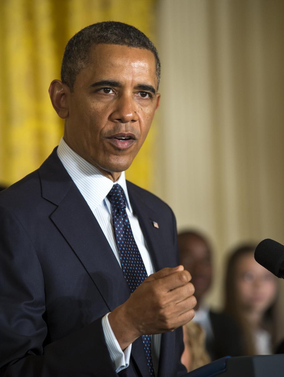 U.S. President Barack Obama speaks as he hosts the third-ever White House Science Fair in the East Room at the White House in Washington, April 22, 2013. The science fair celebrated student winners of a broad range of science, technology, engineering and math (STEM) competitions from across the country.  Photo Credit: (NASA/Bill Ingalls)