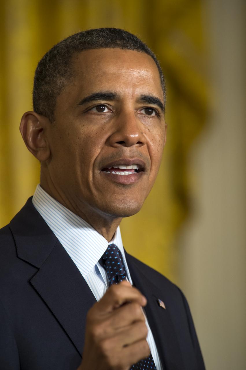 U.S. President Barack Obama speaks as he hosts the third-ever White House Science Fair in the East Room at the White House in Washington, April 22, 2013. The science fair celebrated student winners of a broad range of science, technology, engineering and math (STEM) competitions from across the country.  Photo Credit: (NASA/Bill Ingalls)